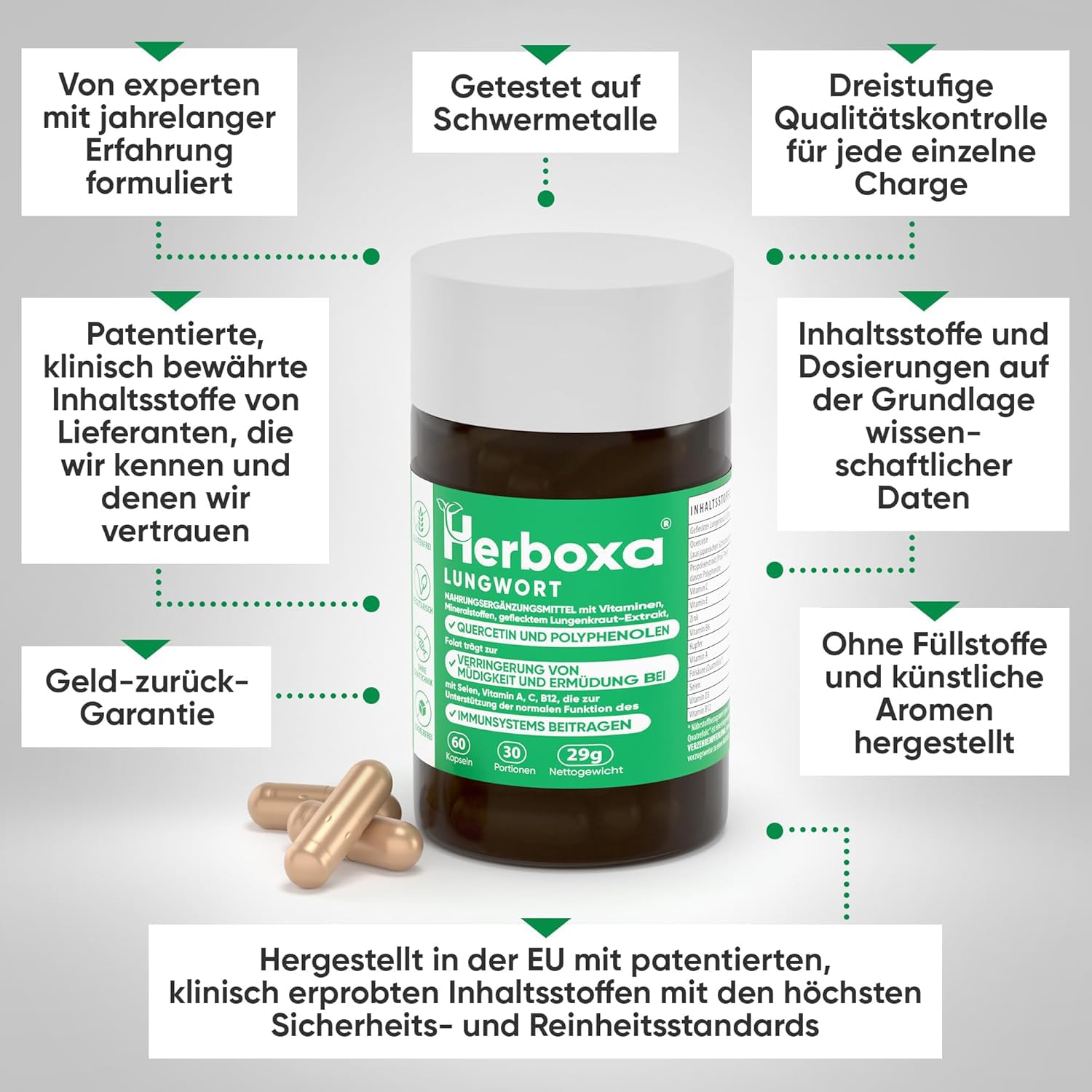 Herboxa Lungwort Nahrungsergänzungsmittel - Lungenkraut Extrakt - Geflecktes Lungenkraut - 60 vegane Lungenkraut Kapseln