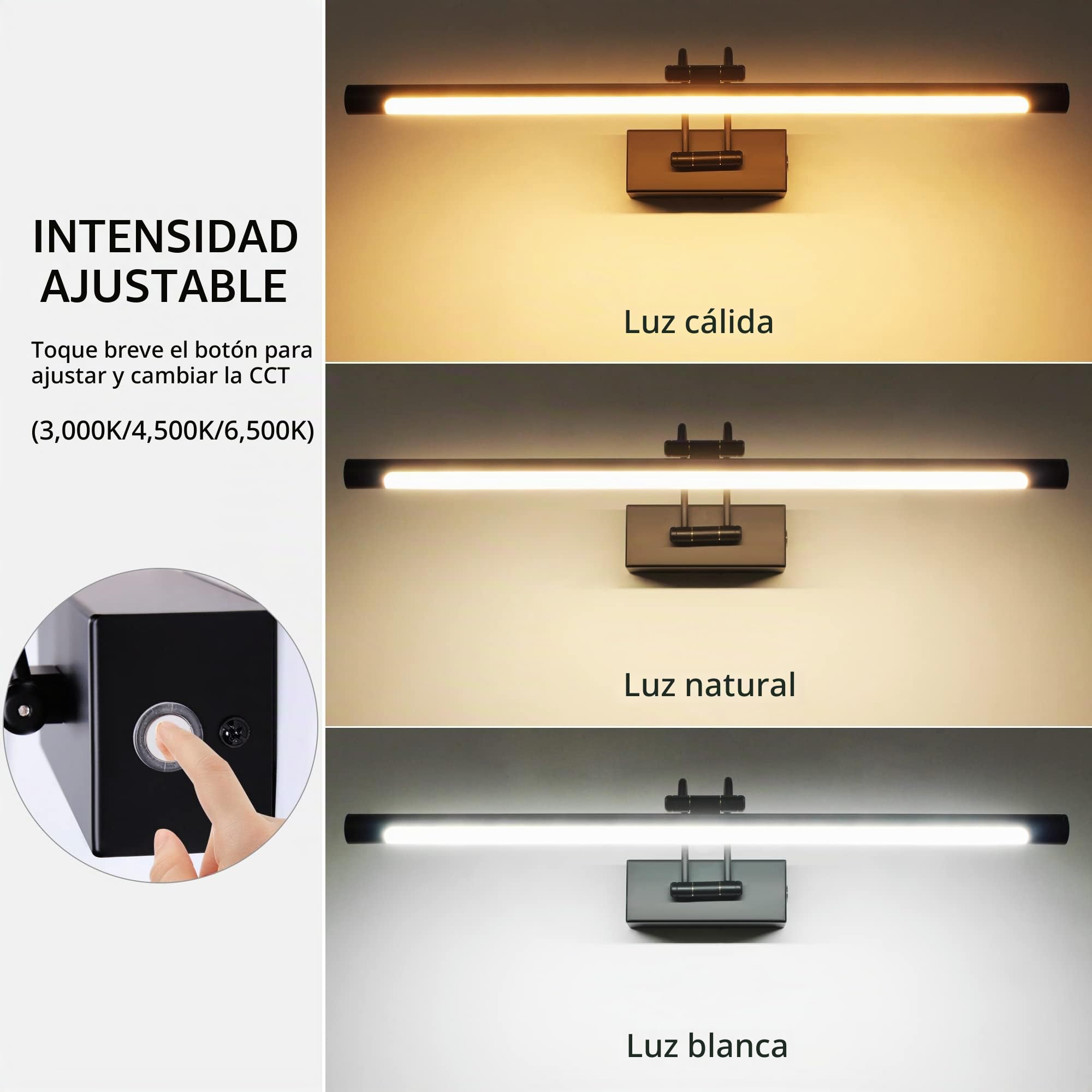MantoLite LED Regulable Lámparas de Pared 15W,60CM Interior Iluminación para cuadros y expositores Cabeza Giratoria Lectura Lámpara,Negro Baño Espejo Apliques de Pared 3000K/4000K/6000K