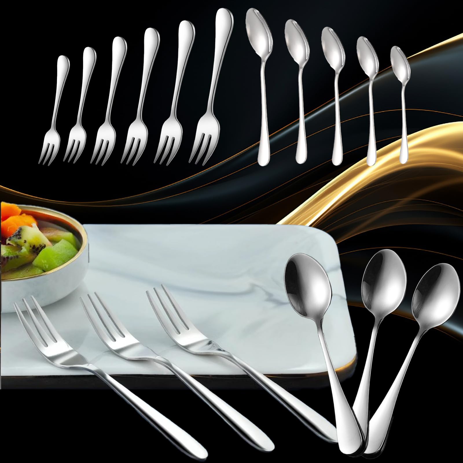 Kuchengabel und Kaffeelöffel Set, 24 Kleine Löffel und Gabeln Set Teelöffel Kuchengabeln Edelstahl Dessertlöffel Suppenlöffel Kaffeebesteck für Hochzeit, Geburtstag, Party, Spülmaschinenfest