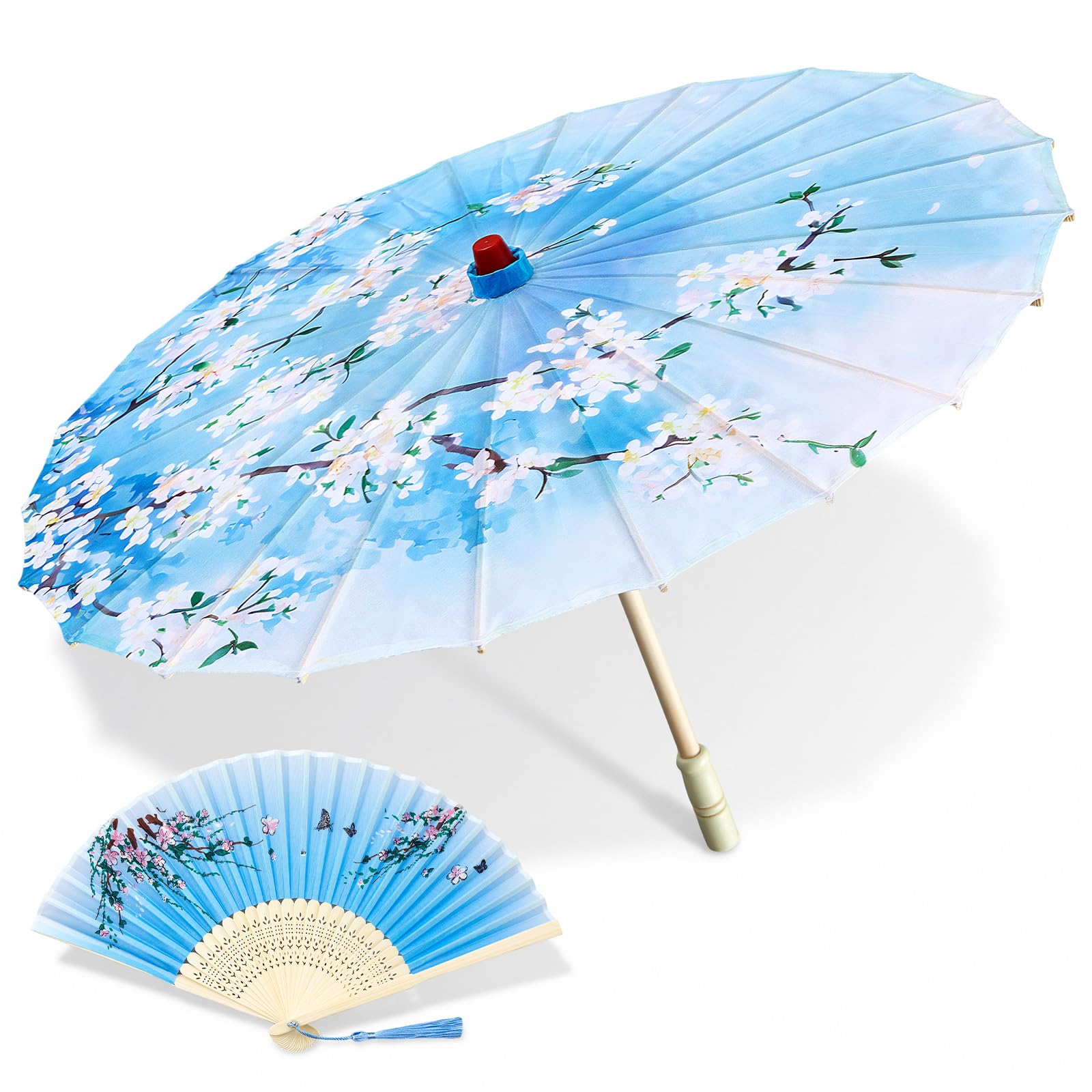 Maitys Chinese Wedding Parasol Set, 32" Silk Umbrella with Folding Fan