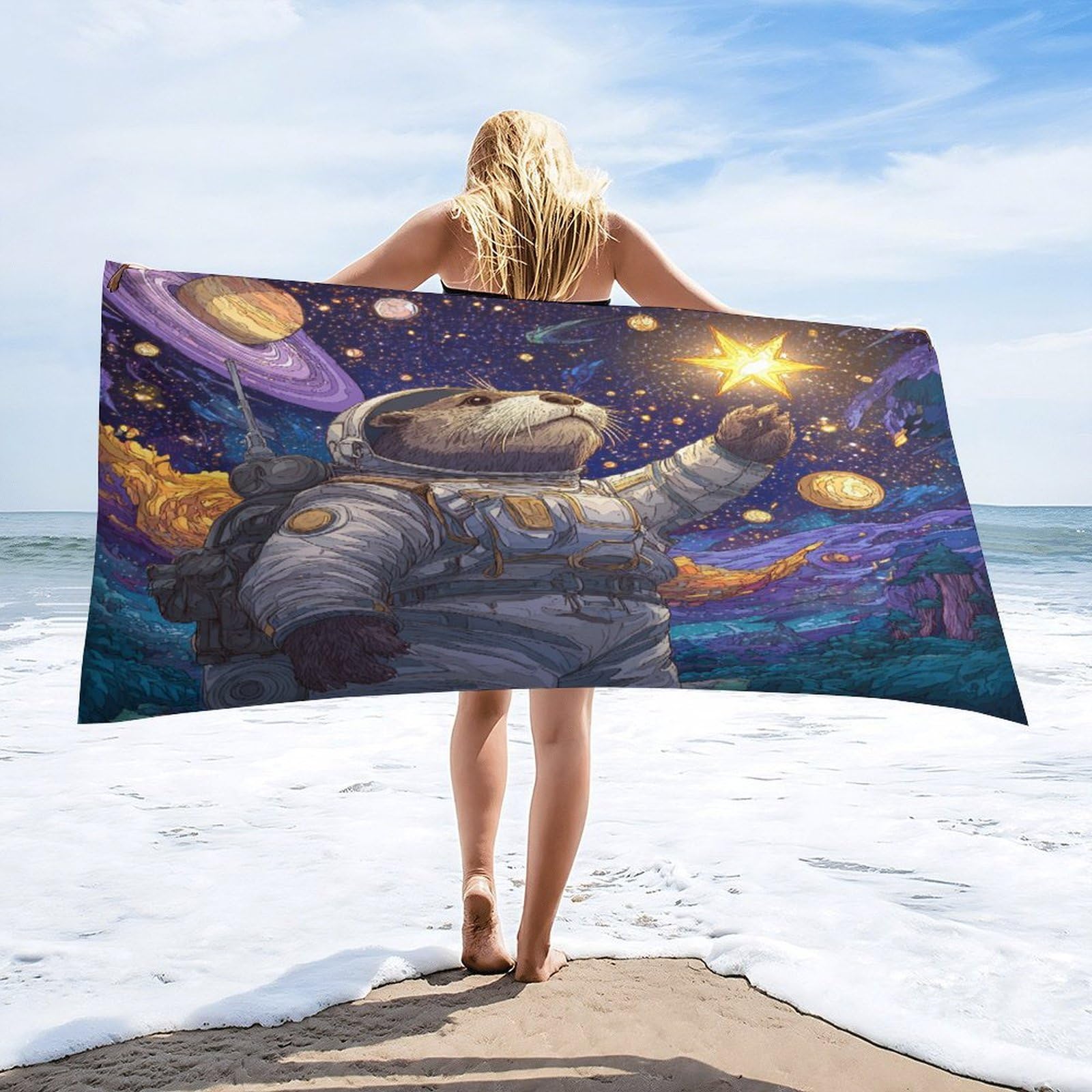 Luyysky Classic Vintage Otter Astronaut Quick-Drying Beach Towel, Beautiful Funny Outer Space Galaxy Constellation Animal Otter Travel Vacation Single Sided Pile Bathroom Towels-80 W Cm X 160" L Cm