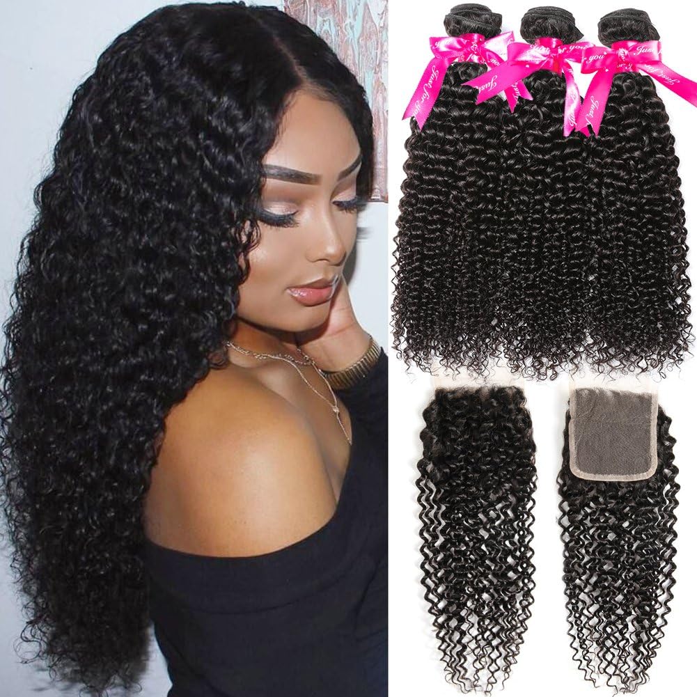 Hermosa Kinky Curly Human Hair Bundles with Closure Grade 10A Virgin Unprocessed Brazilian Curly Hair 3 Bundles with Closure Free Part(14 16 18 with 12" closure)