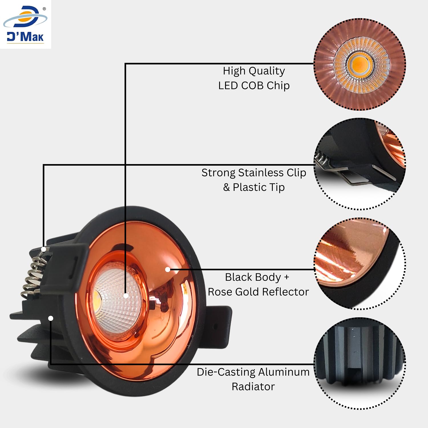 D'Mak12W Black Body LED COB Spot Light with Rose Gold Reflector (White, 8) 1
