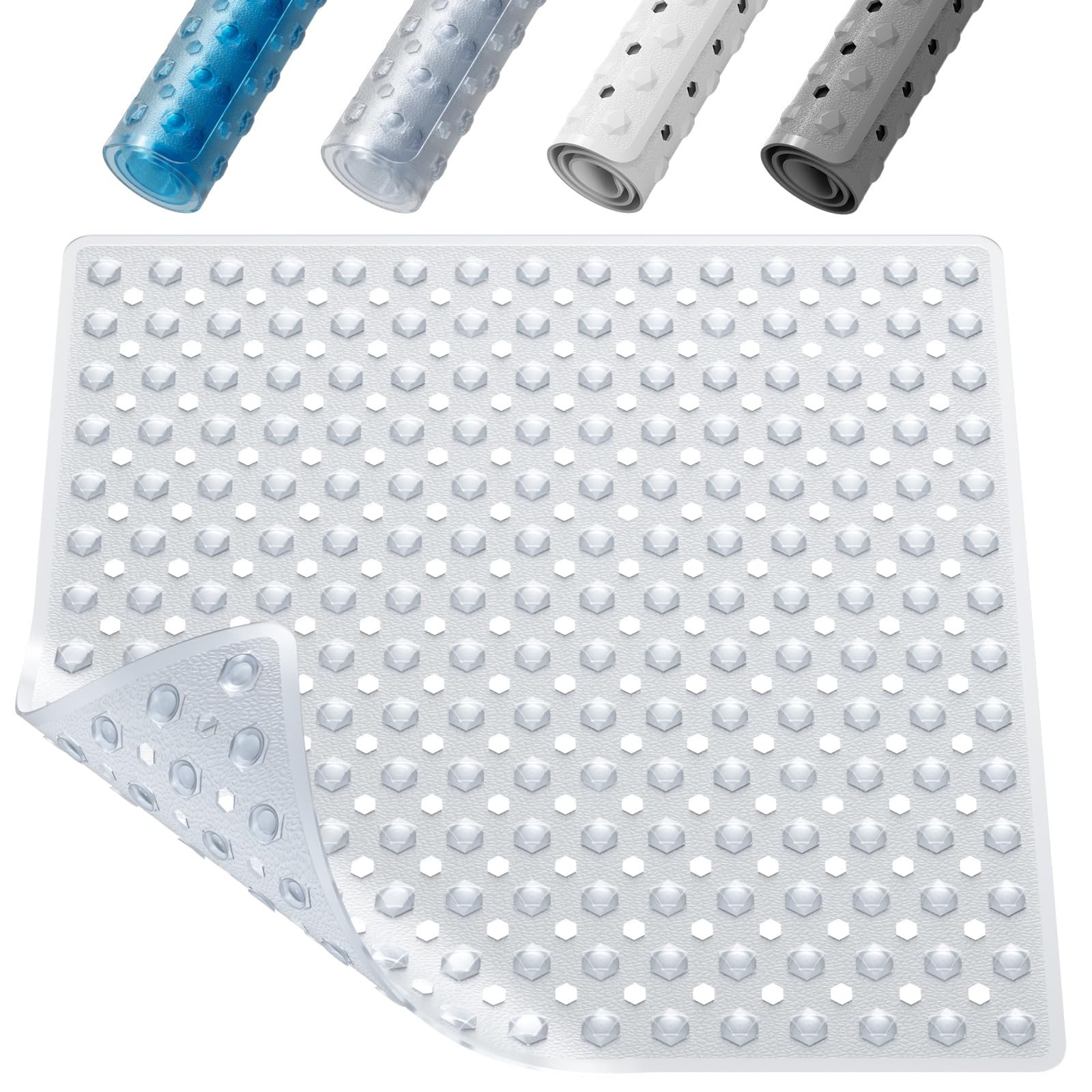 XIYUNTE Square Shower Mat Non Slip Anti Mould - 53 x 53cm Non Slip Shower Mats for Inside Shower, Anti Slip Bath Mat with Suction Cups and Drain Holes, Machine Washable, Clear