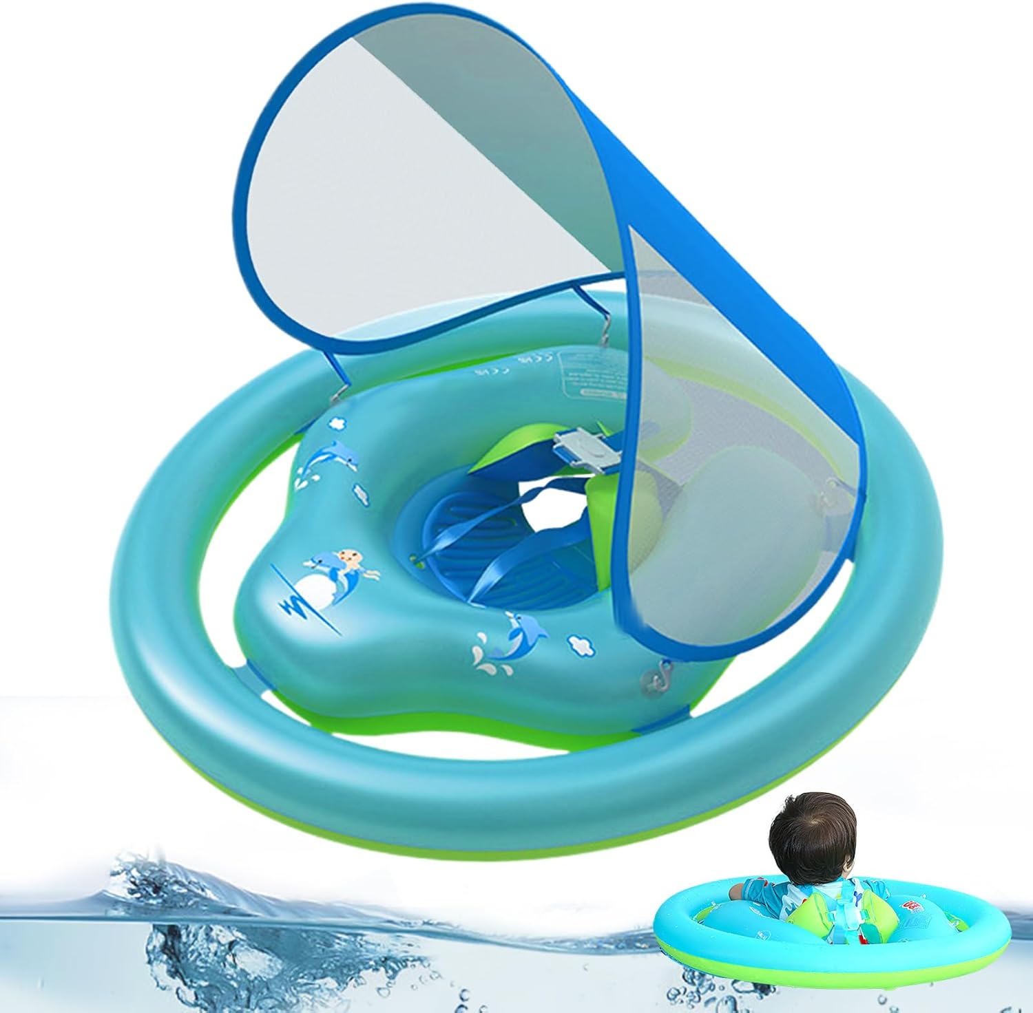 Galleggiante per piscina per bambini, Galleggiante per nuoto per neonati, Tettuccio per giochi d’acqua, Parasole, Comodo seggiolino di sicurezza regolabile, Compatto Ideale per i più piccoli nella vasca da bagno, in spiaggia e nei viaggi estivi