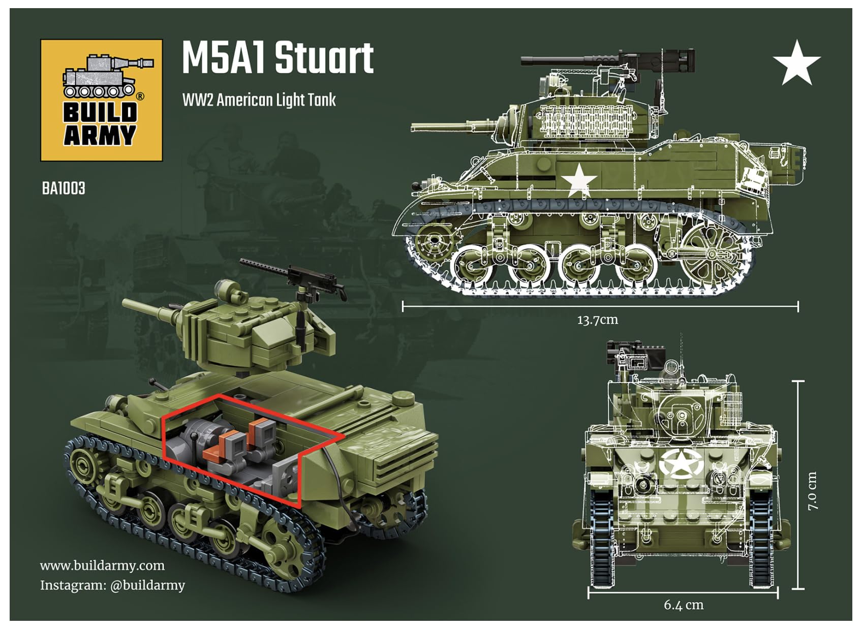 WW2 USA M5A1 Stuart Lekki czołg model z klocków z cegieł 460szt