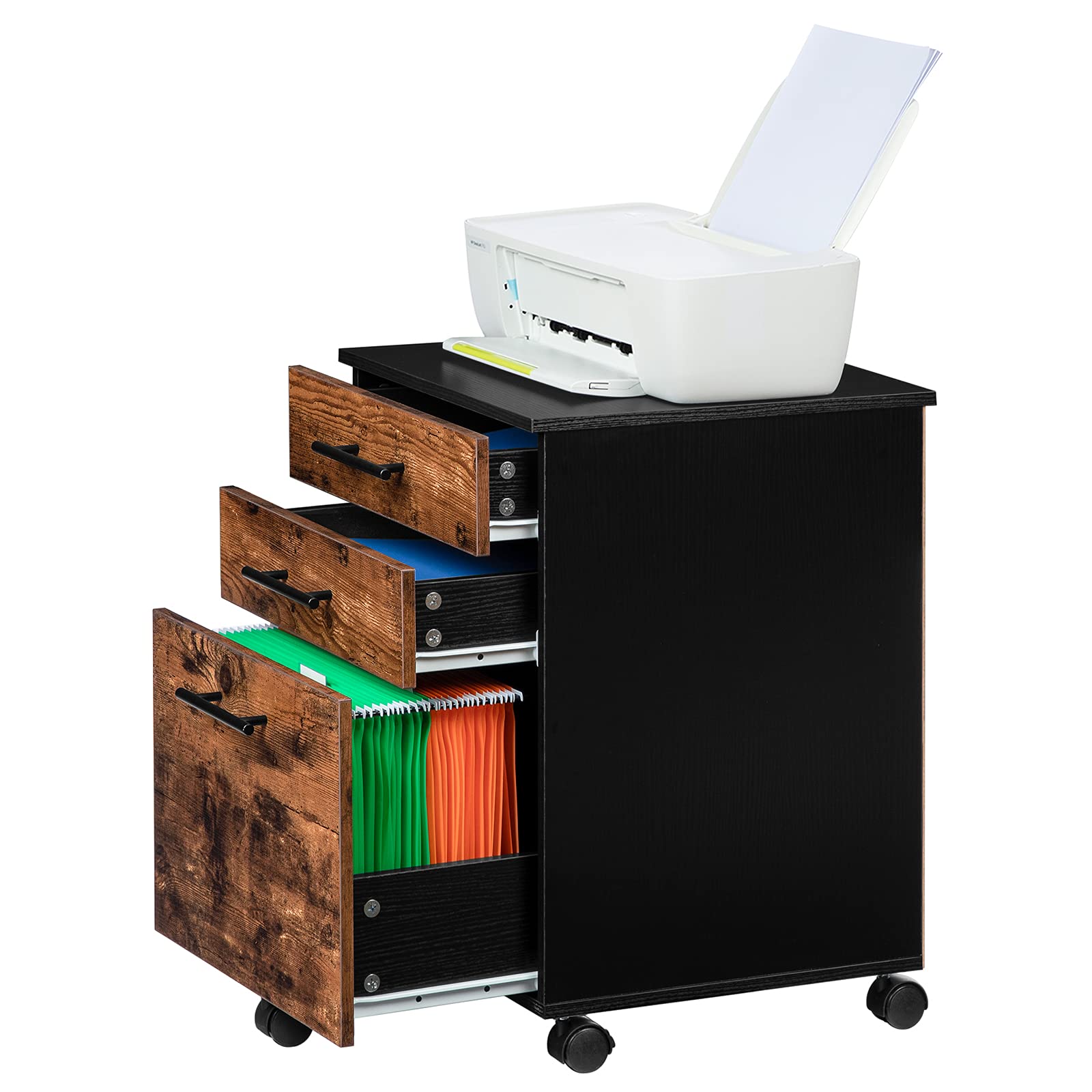 HOOBRO Rollcontainer, Rollen Aktenschrank mit 3 Schubladen, mobiler Büroschrank mit hängenden Aktenfächern, Büro, Dunkelbraun und Schwarz EBF02WJ01G1