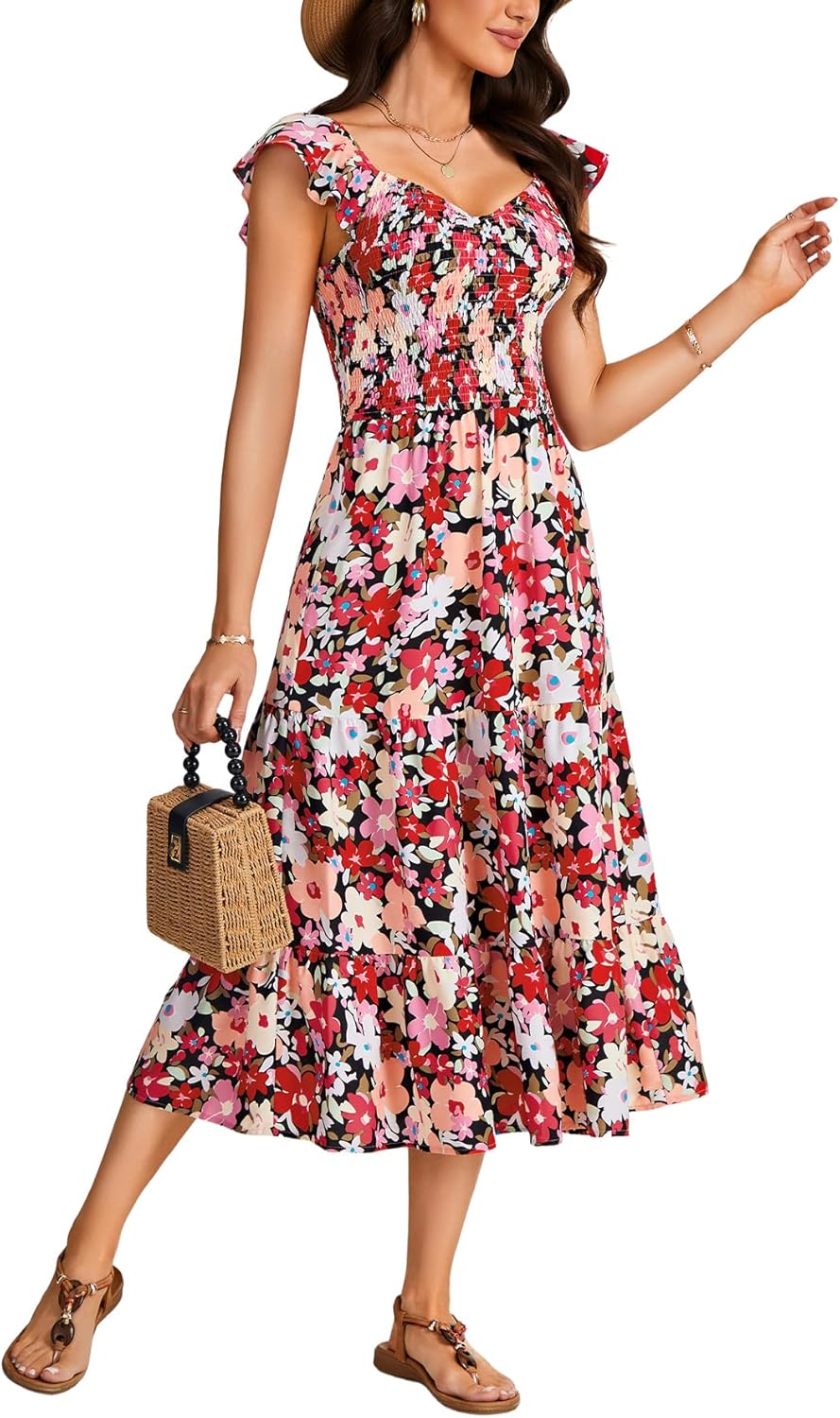 Rooscier Women's Floral Smocked Sweetheart Neck Flounce Sleeve A Line Casual Long Dress - Image 4