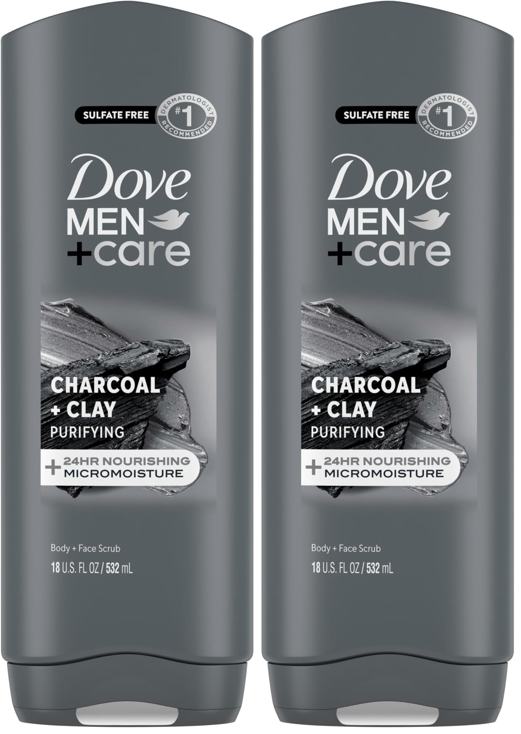 DOVE MEN + CARE Elements Body Wash Charcoal + Clay, Effectively Washes Away Bacteria While Nourishing Your Skin, Gray, 18 Fl Oz (Pack of 2)