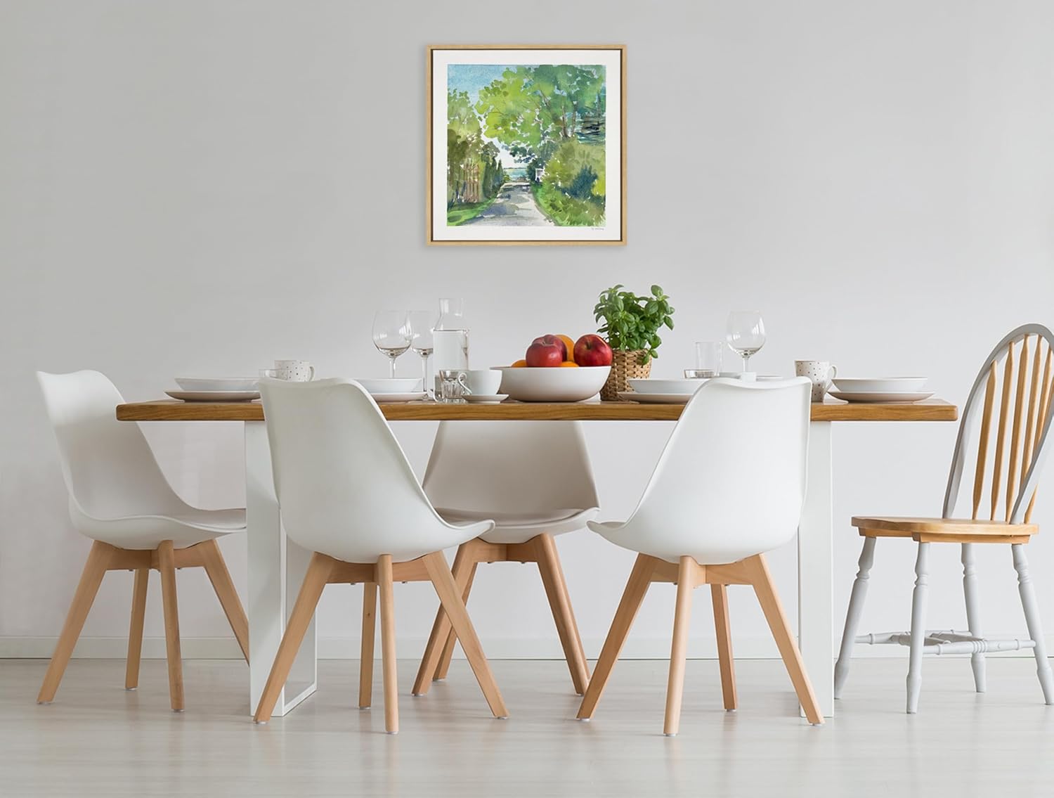 Kate and Laurel Sylvie The Lane and Sea Framed Canvas Wall Art by Patricia Shaw; 22x22 Natural; Soft Watercolor Landscape Art for Wall