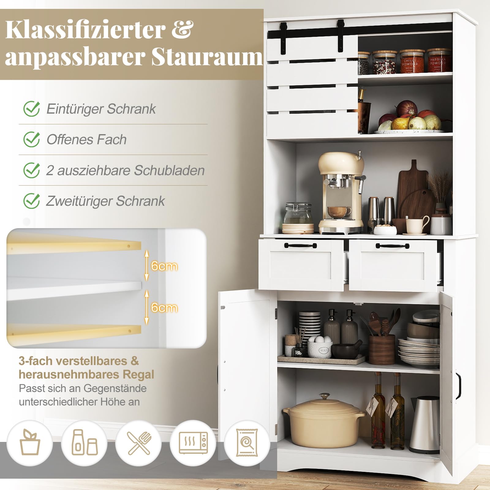 COSTWAY Küchenschrank Holz, Buffetschrank mit Steckdose, 2 Türen, 2 Schubladen & Arbeitsplatte, Hochschrank Vorratsschrank, Aufbewahrungsschrank für Küche & Wohnzimmer, 80 x 40 x 180 cm, Weiß