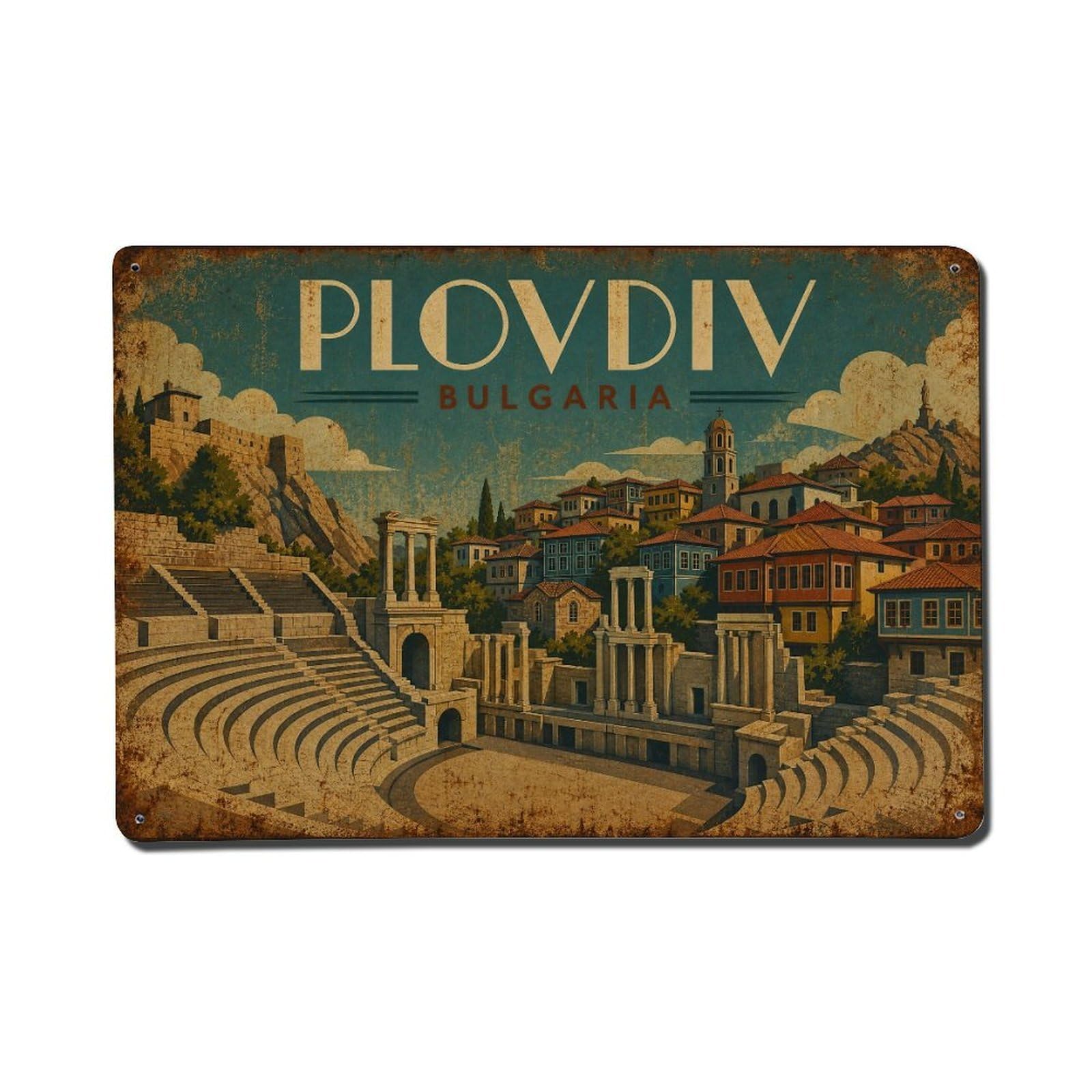 Travel Vintage Bulgaria Plovdiv Metal Tin Sign