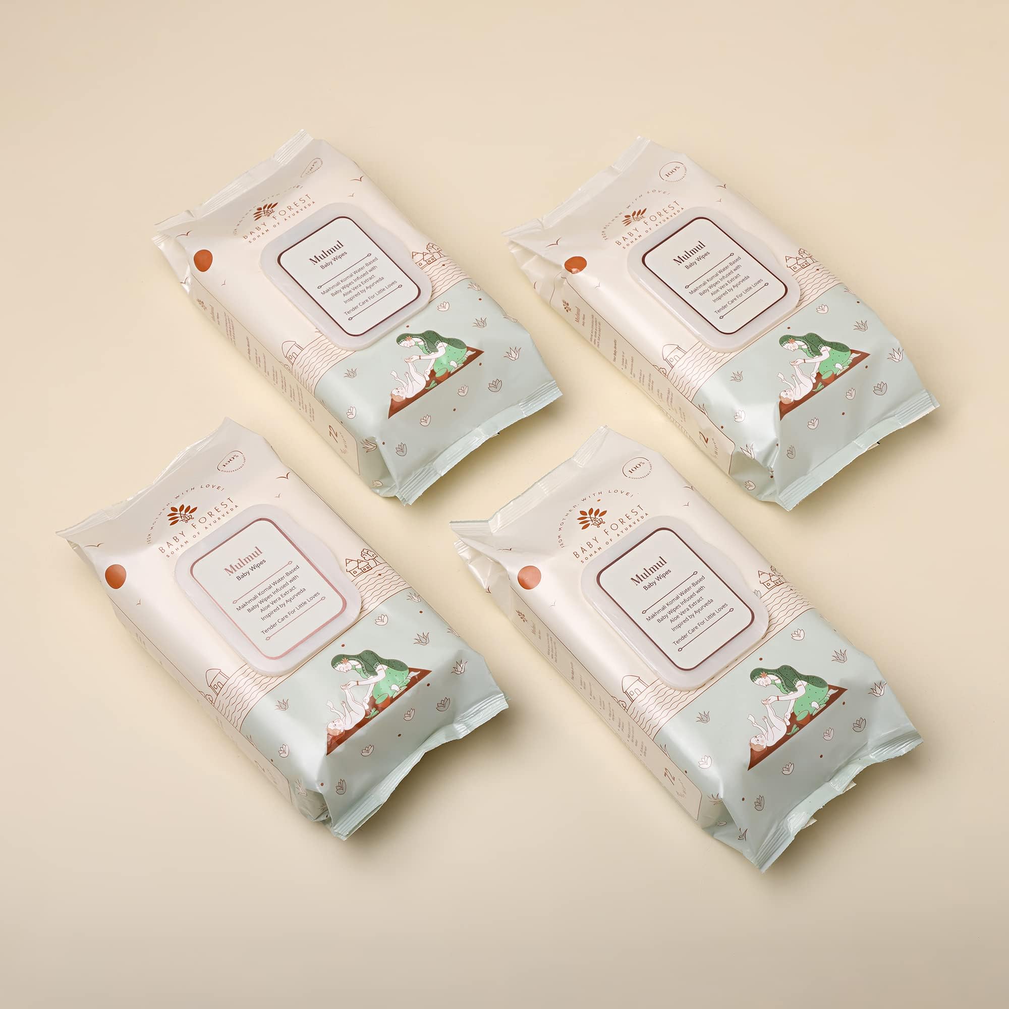 Mulmul Baby Wipes, Ultra-soft, Water-based, 3X thicker and softer wipes 72 Wipes/Pack (Pack of 4)