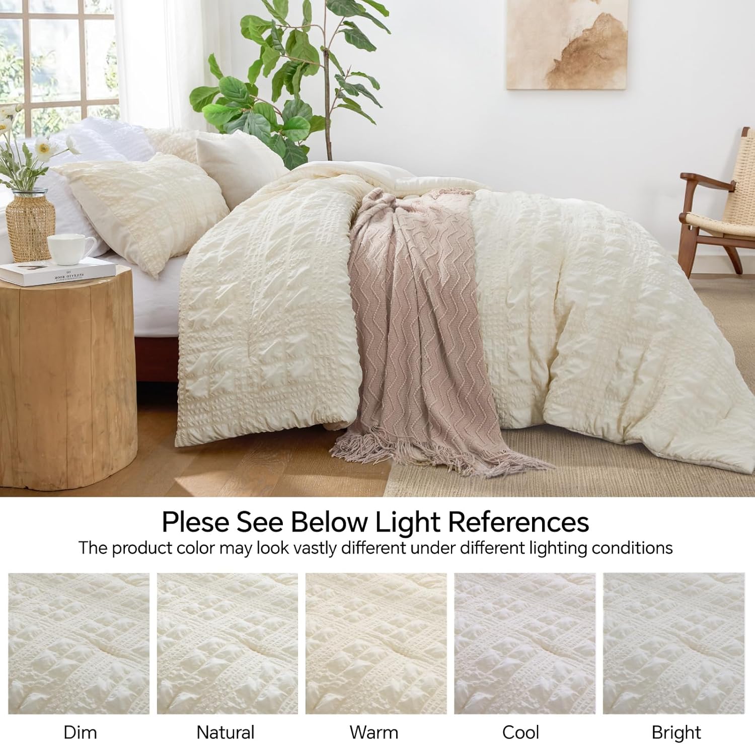 BEDELITE Cream Queen Comforter Set, 3 Pieces Fluffy Lightweight Beige Seersucker Comforter, Soft Breathable All Season Bedding with Pillowcases for Bedroom