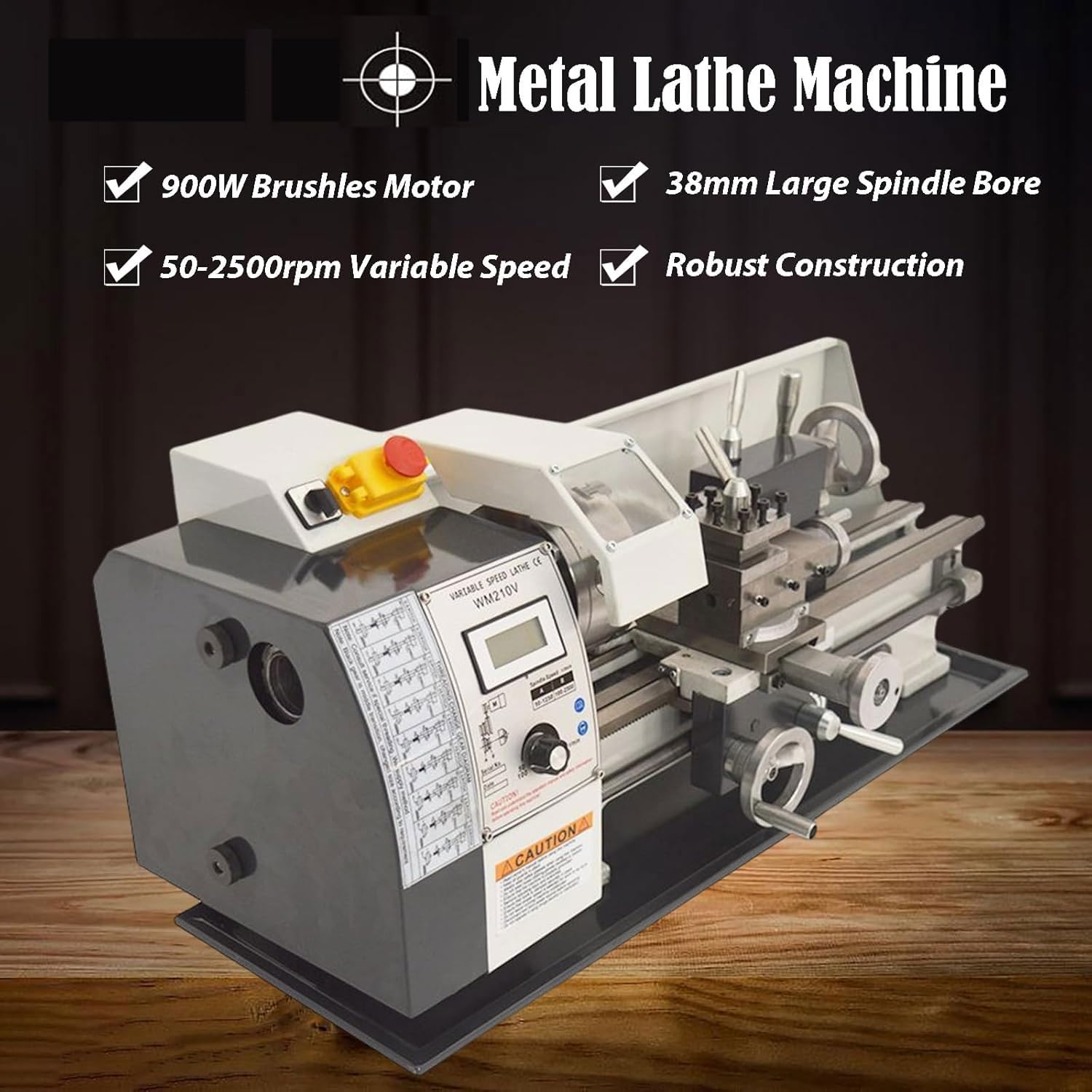 Mini tornio per metallo da 900 W, tornio per metallo elettrico da banco di precisione industriale, velocità variabile continua 50-2500 giri/min, con cassetta degli attrezzi con mandrino in metallo