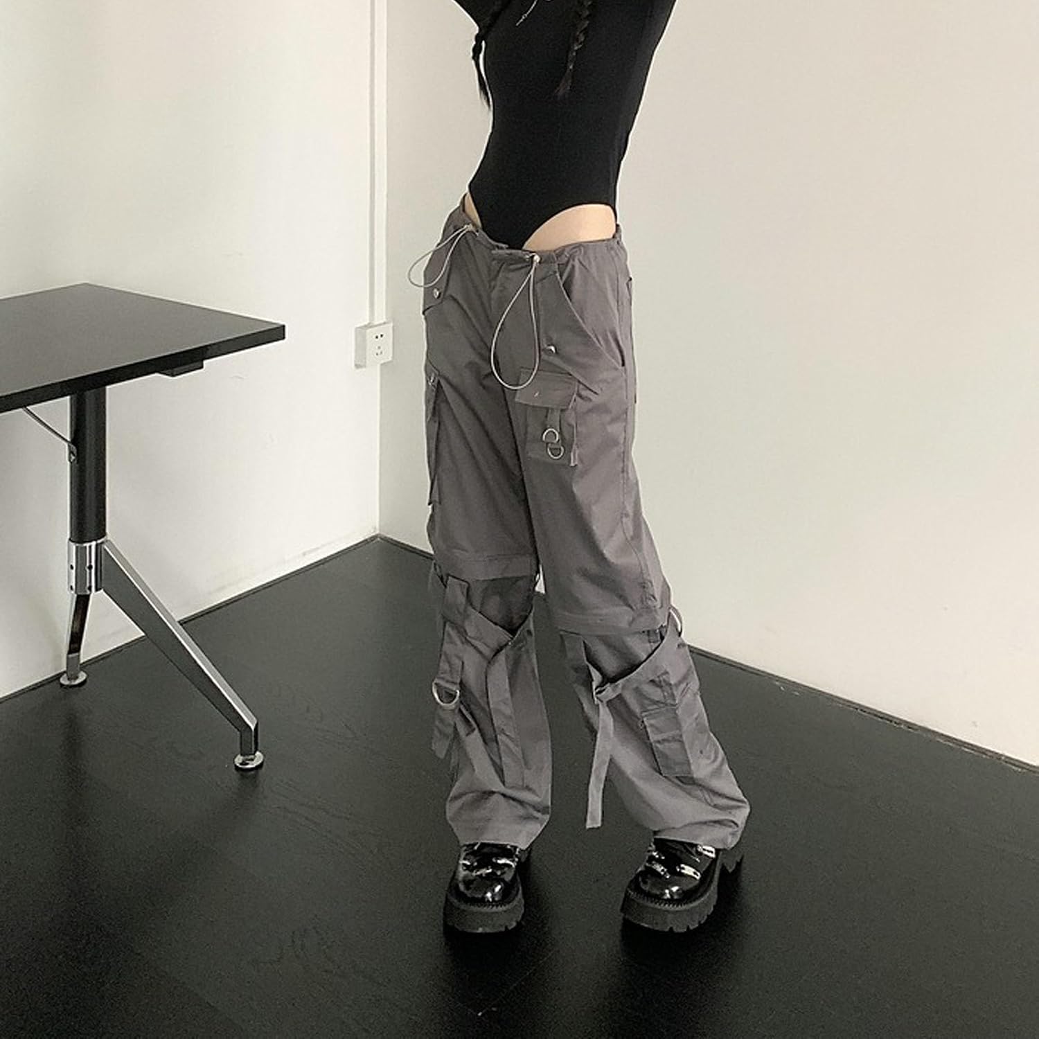 MEINVQIAOTI Goth Pants Street Dance Streamer Functional Cargo Pants for Women Detachable Two-Piece techwear Pants Women