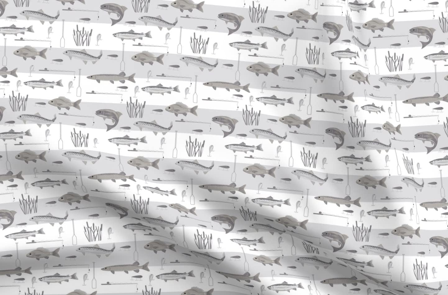 Spoonflower Fabric - Gray Trout Bass Fish Hooks Fishing Lures White Lake River Printed on Organic Cotton Sateen Fabric by The Yard - Sewing Quilting Apparel Home Decor