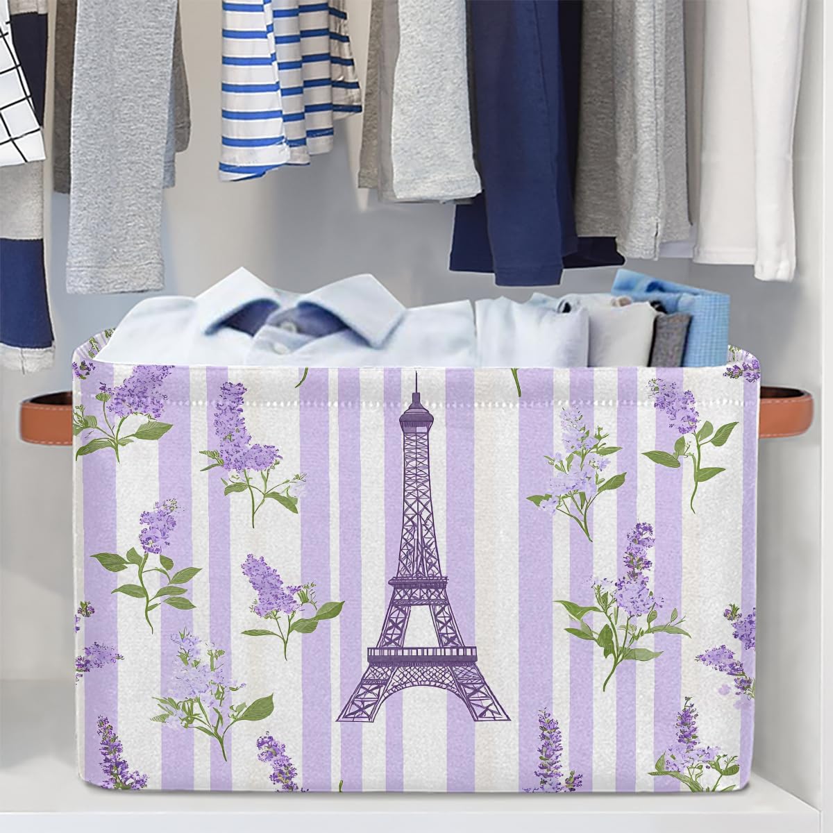 Storage Baskets for Shelves Eiffel Tower Purple Lavender Stripes Foldable Decorative Storage Basket Bins with Handles Storage Basket Box for Home, 2 Pcs