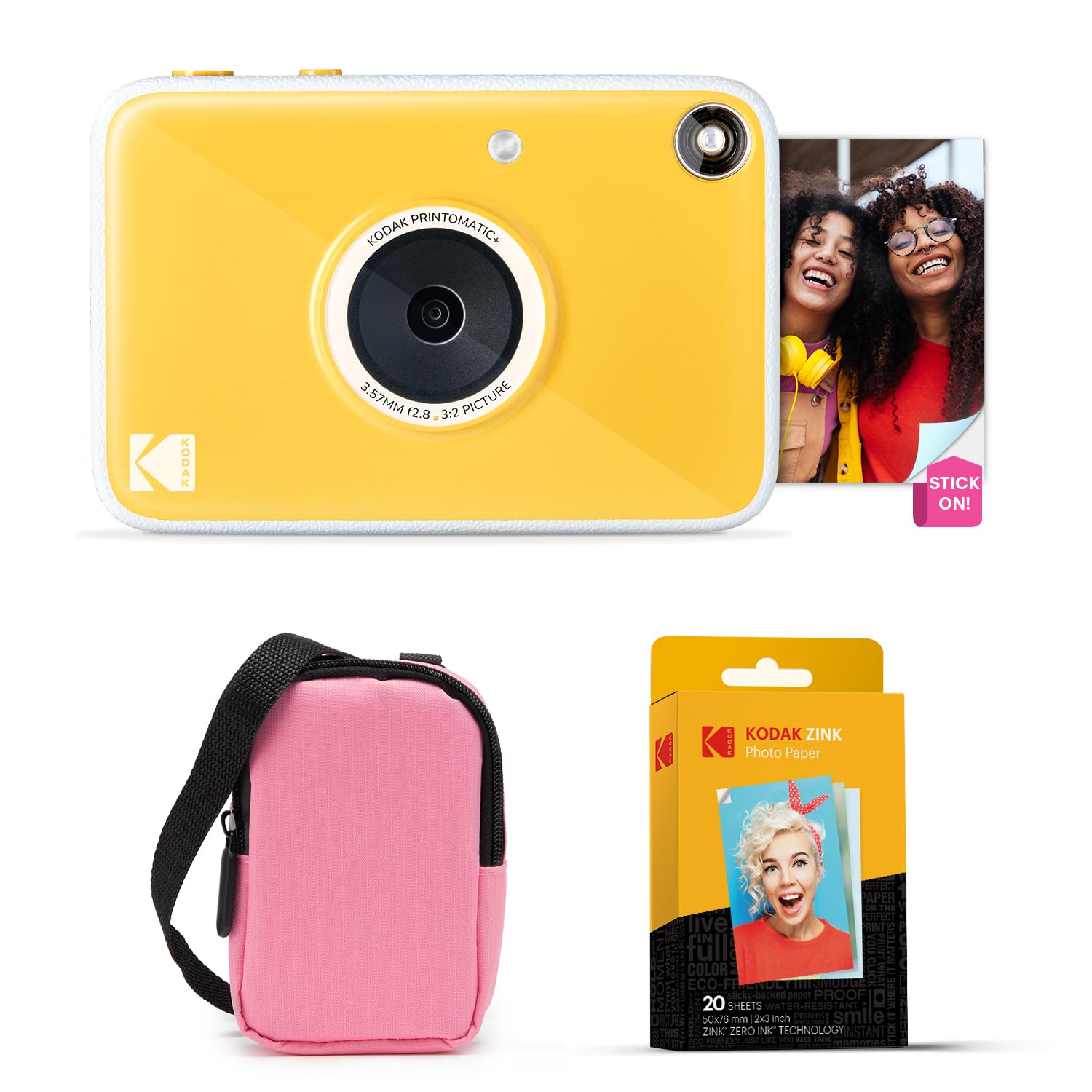 KODAK Printomatic+ Fotocamera Istantanea 10MP Kit Iniziale (Rosa) con Custodia, RGB LED e Carta Adesiva Zink 20pz – Giallo