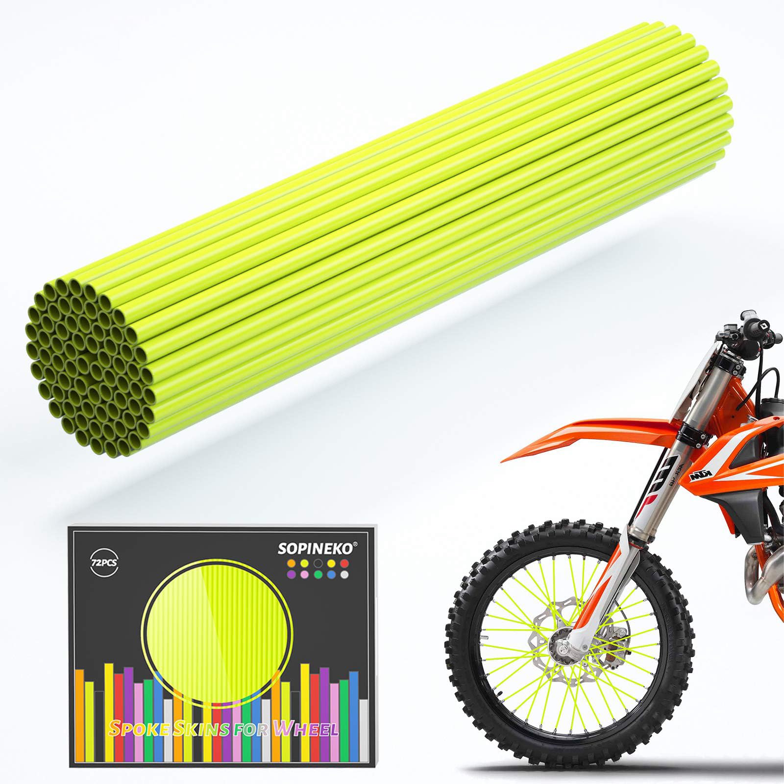 72Pcs Spoke Skins Covers Spoke Wraps Wheel Decoration for Motorcycle Bicycle Dirt Bike Wheelchair(Fluorescent Green)