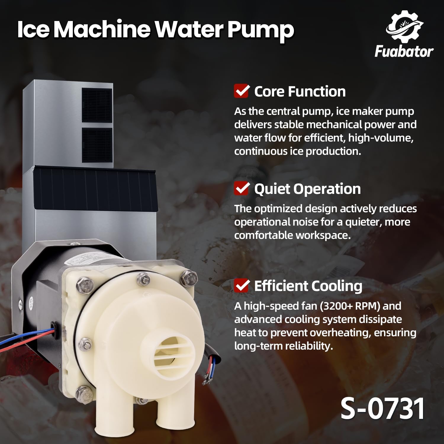 S-0731 Replacement Pump Motor Assembly Compatible with Hoshizaki Ice Machines, for KM-901 KM-1100 KM-1340, 900-SD, KM-631DU Comes with Capacitor and Cable Replace HOSS-0731, 212797A01