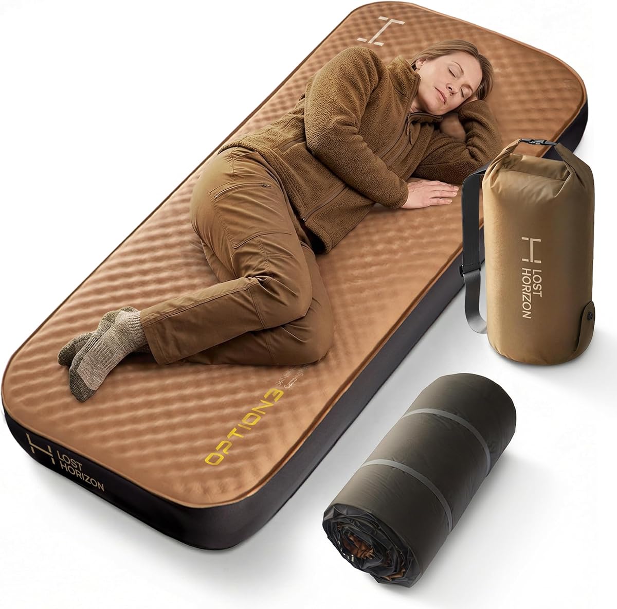 Lost Horizon Option3 Colchón de espuma autoinflable para camping, individual delgado, 3" | Comodidad de aire y espuma, firmeza ajustable, aislamiento R9.7, colchoneta para dormir