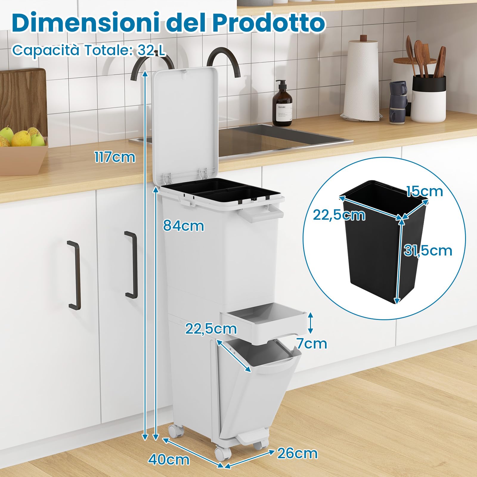 COSTWAY 3 in 1 Pattumiera 32L, Cestino per Rifiuti con 2 Cassetti 2 Scomparti Superiori e Adesivi, Pattumiera in Plastica a Pedale per Cucina Sala da Pranzo Soggiorno, 40x26x84 cm (Bianco)
