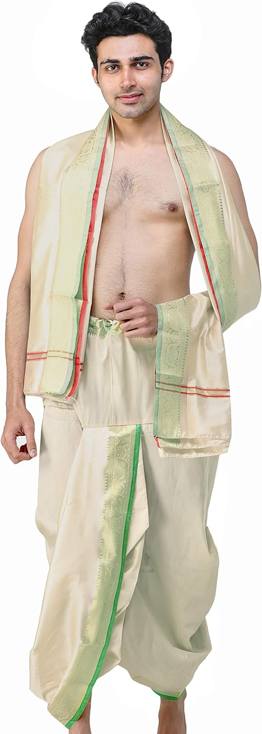 Exotic India Ready to Wear Dhoti and Angavastram Set with Woven Golden Leaves Border