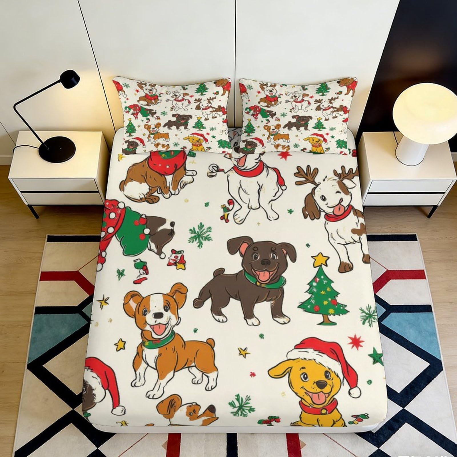 3D Printed Christmas Puppy Fitted Sheet Microfiber Soft Breathable Cartoon Dog Mattress Cover for Bedroom Dorm Decor 180x200x25cm