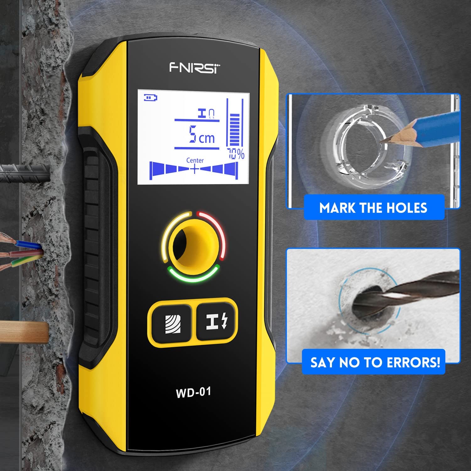 FNIRSI 6 en 1 Detector de Pared - Localizador de Montantes de Madera y Metálicos, Detector de Cables y Tuberías, con Función de Centro y Borde, para Paredes Secas y Mampostería