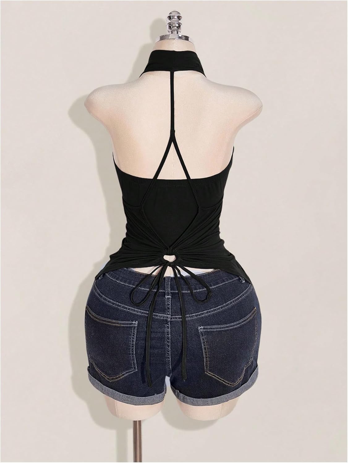 OYOANGLE Women's Plus Size Draped Front Ruched Sleeveless Halter Top Drawstring Backless Fitted Going Out Tops - Image 2