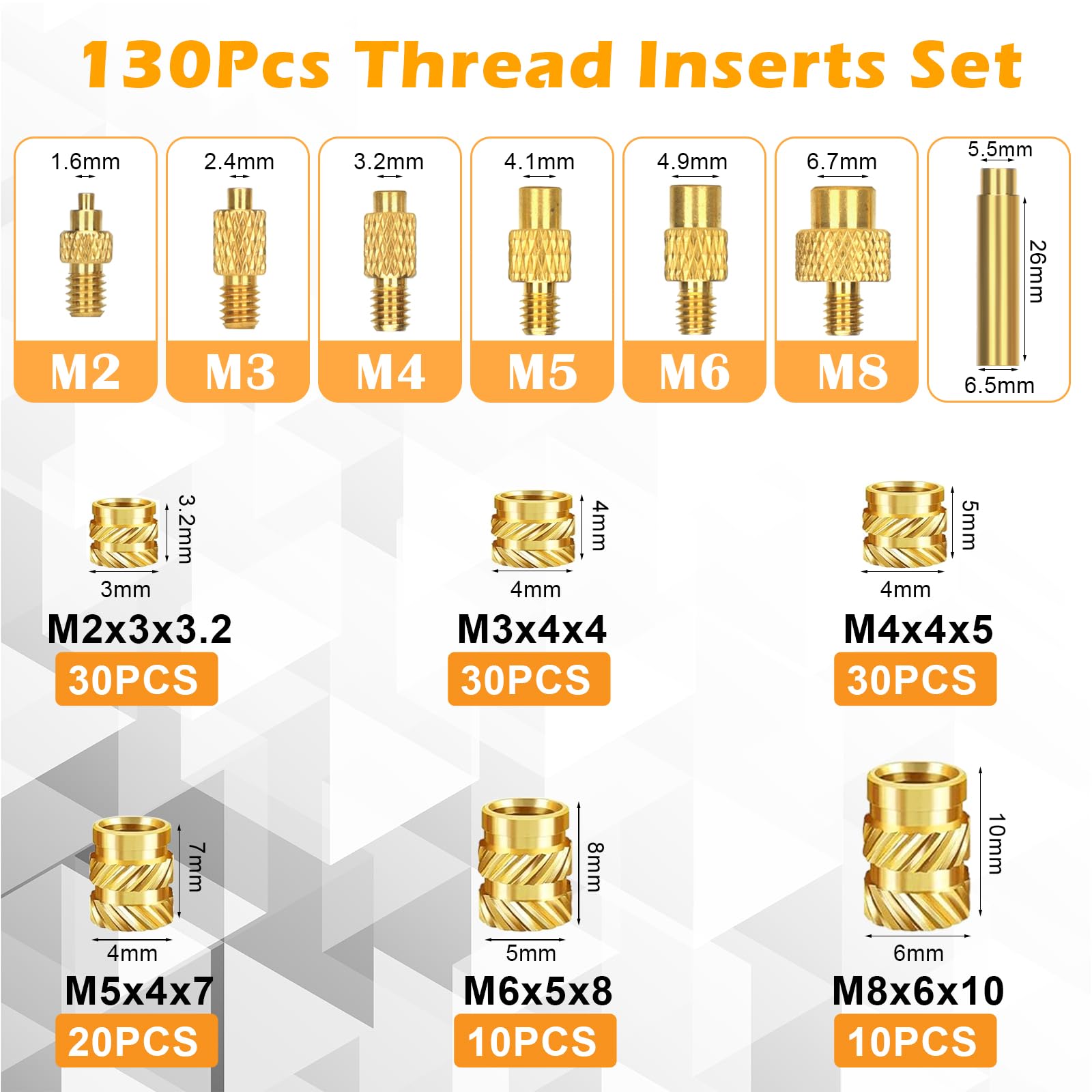 Insert Fileté, 90W LED Fer a Souder Température Réglable, 130 Pièces Inserts Taraudés M2/M3/M4/M5/M6/M8, Insert Impression 3d pour Impression 3D et Plastique
