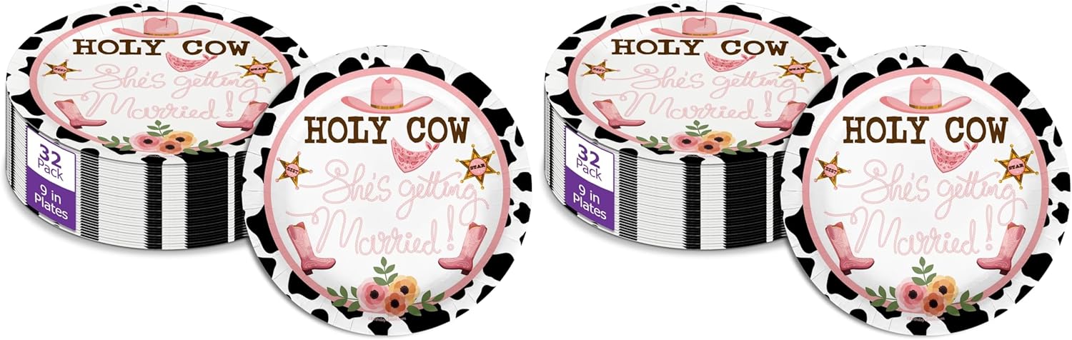 Birthday Galore Holy Cow She's Getting Married Bridal Shower - 32 Piece Disposable Party Supplies - Cowgirl Bridal Shower Decorations - Round Party Plates - Large 9" Paper Plates In Bulk (Pack of 2)