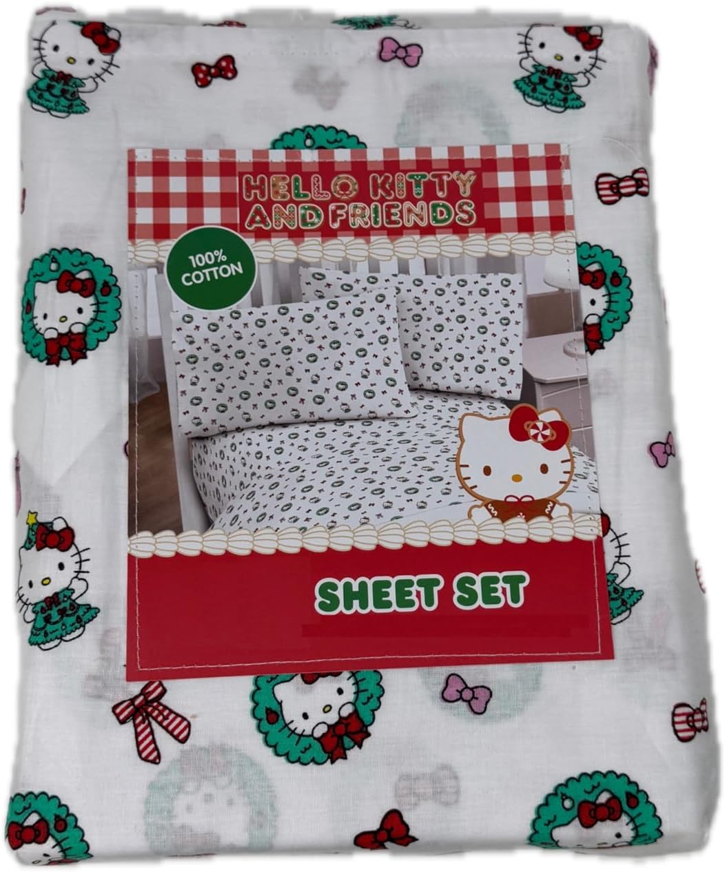 Jay Franco & Sons, Inc. Hello Kitty Christmas Cotton Sheet Set (White - Candy Canes, Queen)