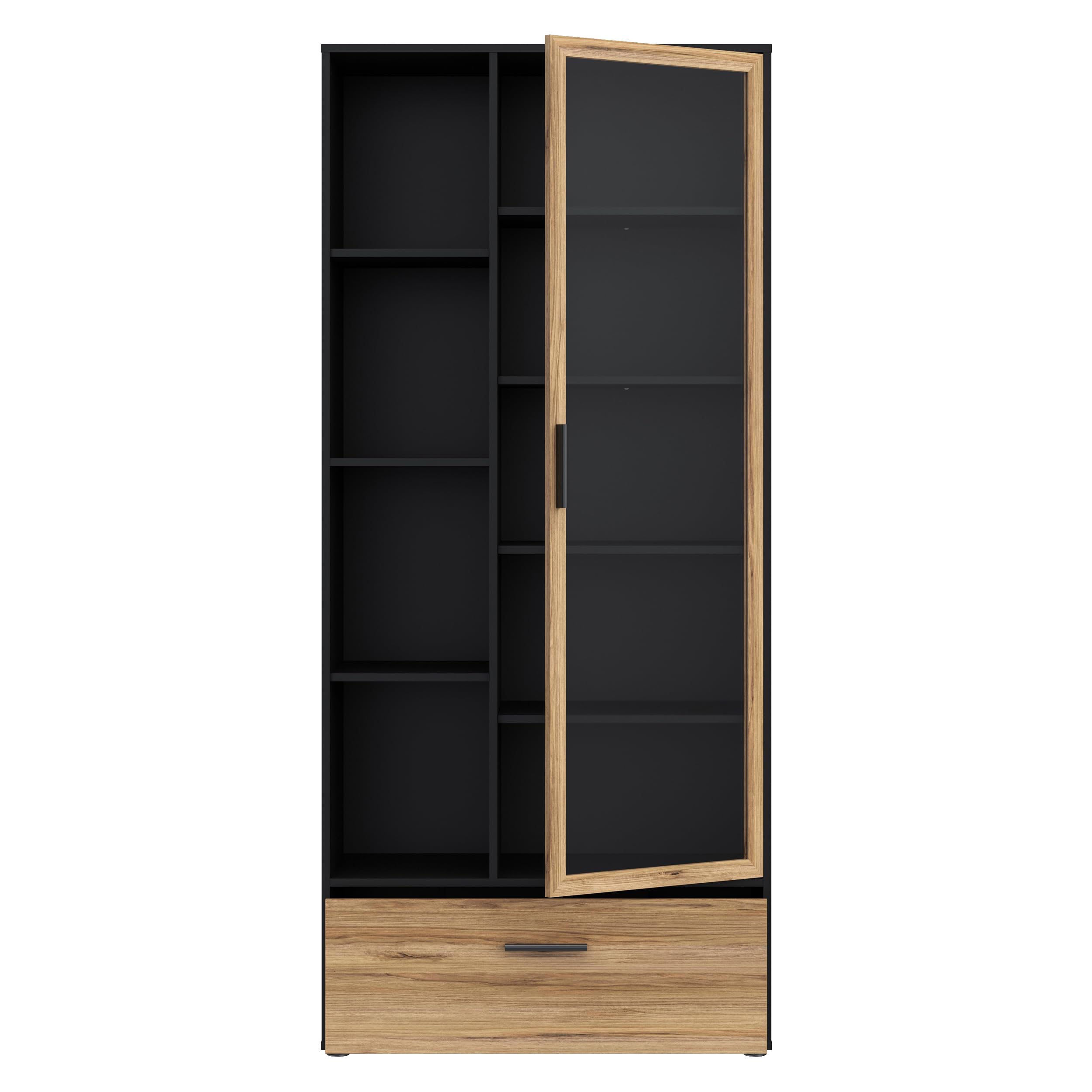 Forte MOKKARO Vitrine R 85, Vitrinenschrank mit Glastür, Regalböden und Schublade, Holzwerkstoff, Mauvella Eiche Dekor/Schwarz, 84,7 cm breit, 190,5 cm hoch, 42 cm tief