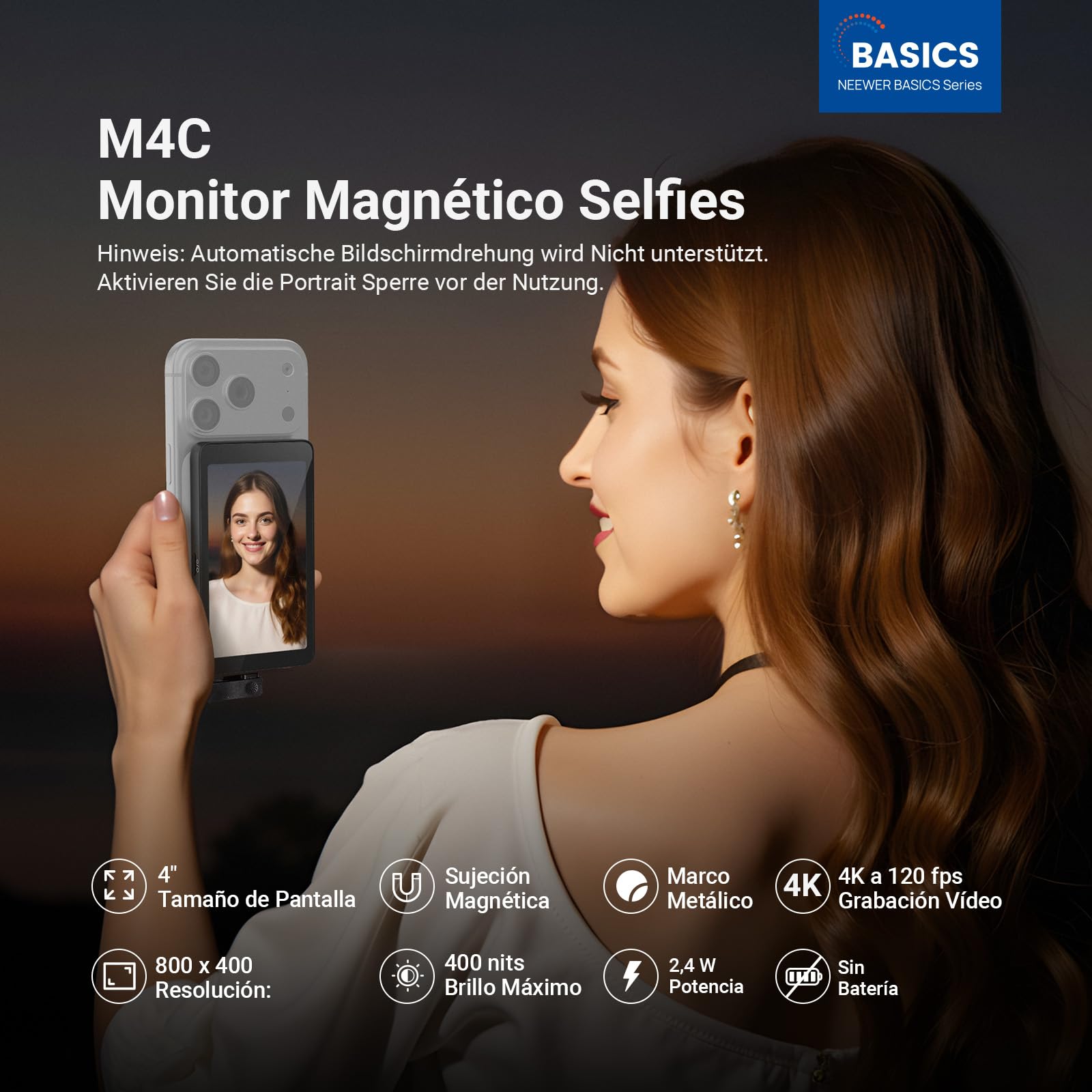 NEEWER 4" Magnético Vlogs Selfies Monitor Pantalla,4K 120fps Cable Grabación para DP Enabled Phone,Back Camera Monitor con Remoto para Youtube TikTok Video Streaming,NO Compatible con iPhone Air, M4C