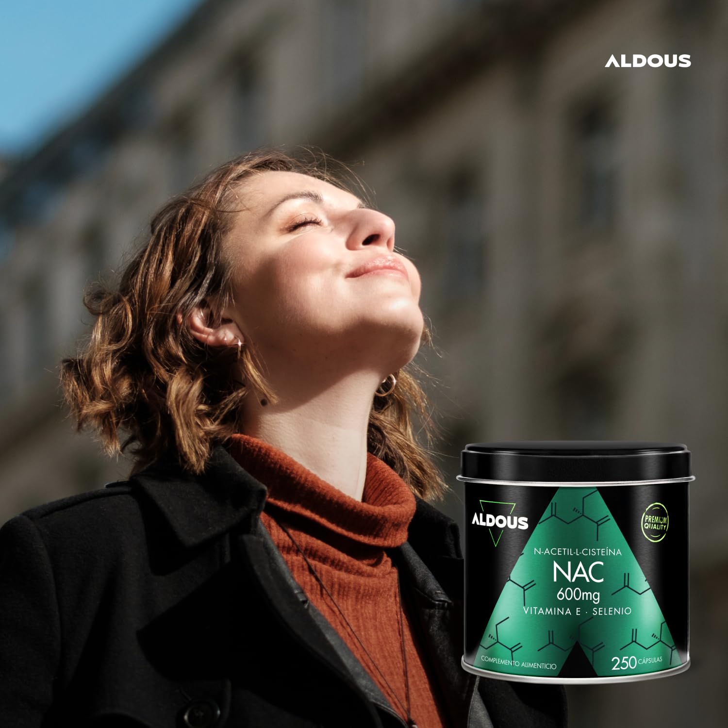 NAC N-Acetil-Cisteina 600mg + Vitamina E y Selenio - 250 Cápsulas - 1 al Día - Antioxidante y Glutation - Detox y Salud Respiratoria - Para +8 meses - Alta Concentración - Vegano - Aldous