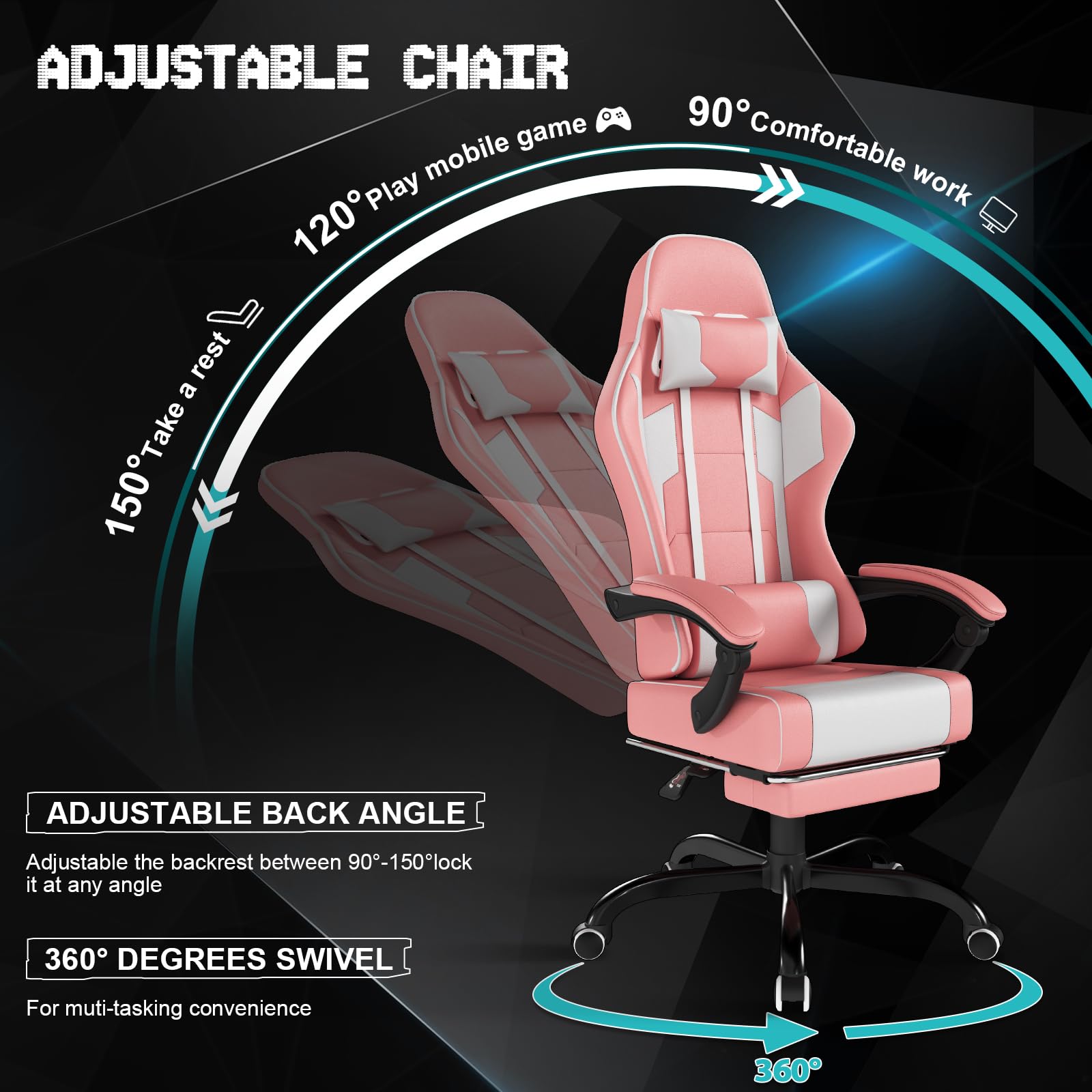 TRIUMPHKEY - Sedia da gaming con poggiapiedi telescopico, schienale regolabile 90°-150°, sedia da gioco con poggiatesta e supporto lombare, sedia da ufficio, 150 kg (colore rosa)