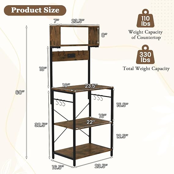 POWERSTONE Kitchen Bakers Rack with Power Outlet, 5-Tier Coffee Bar Cabinet Microwave Stand with 10 S Hooks, Organizers and Storage for Kitchen, Living Room, Balcony & Office