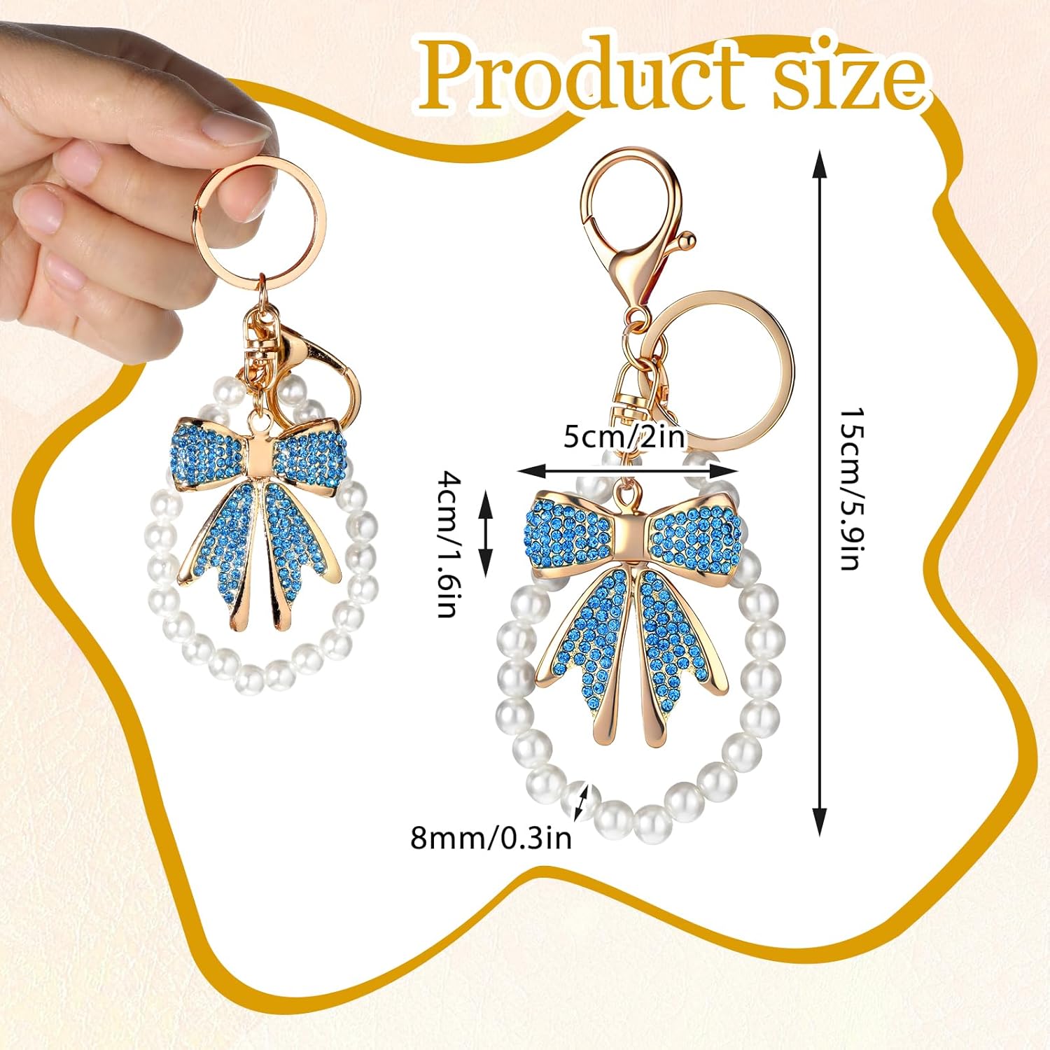 Bow Keychain Rhinestone Bowknot Keychain Purse Charms Bag Charms Imitation Pearl Chains for Handbags Purses Backpacks Cute Keychains Accessories for Women, Blue - Image 2
