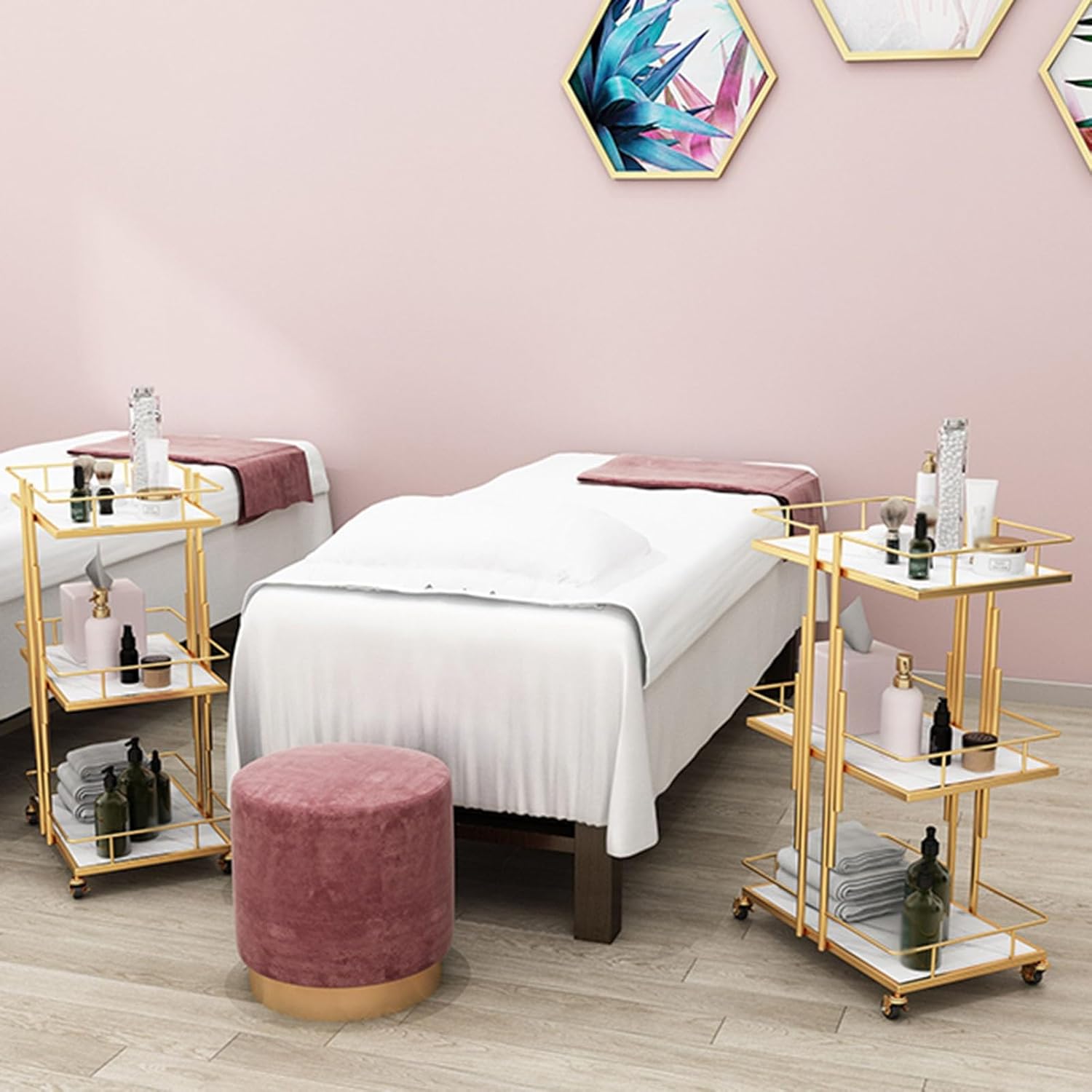Heightened Guardrail Beauty Salon Trolleys 3 Tier Iron Frame Rolling Trolleys Hair and Nail Salon Trolleys Storage Shelf with Universal Wheels 45x30x75cm(Gold)