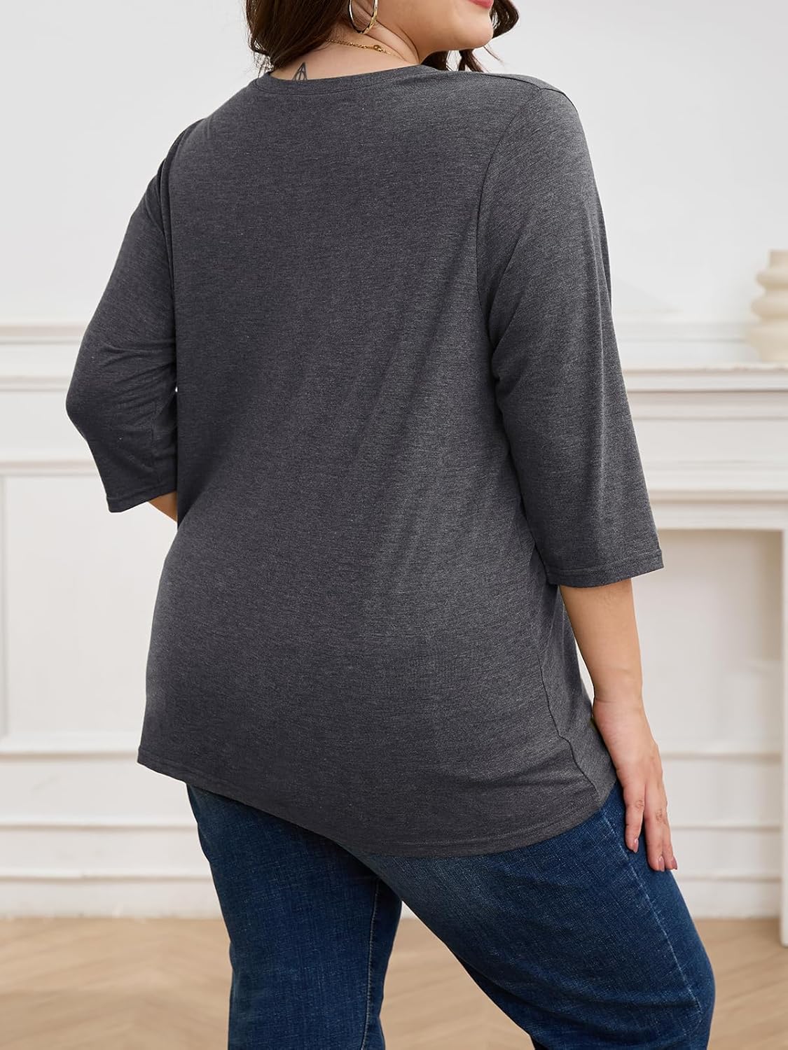 ZDC Women's Plus Size Tops 3/4 Sleeve V Neck T Shirts Button Down Basic Tunic - Image 2