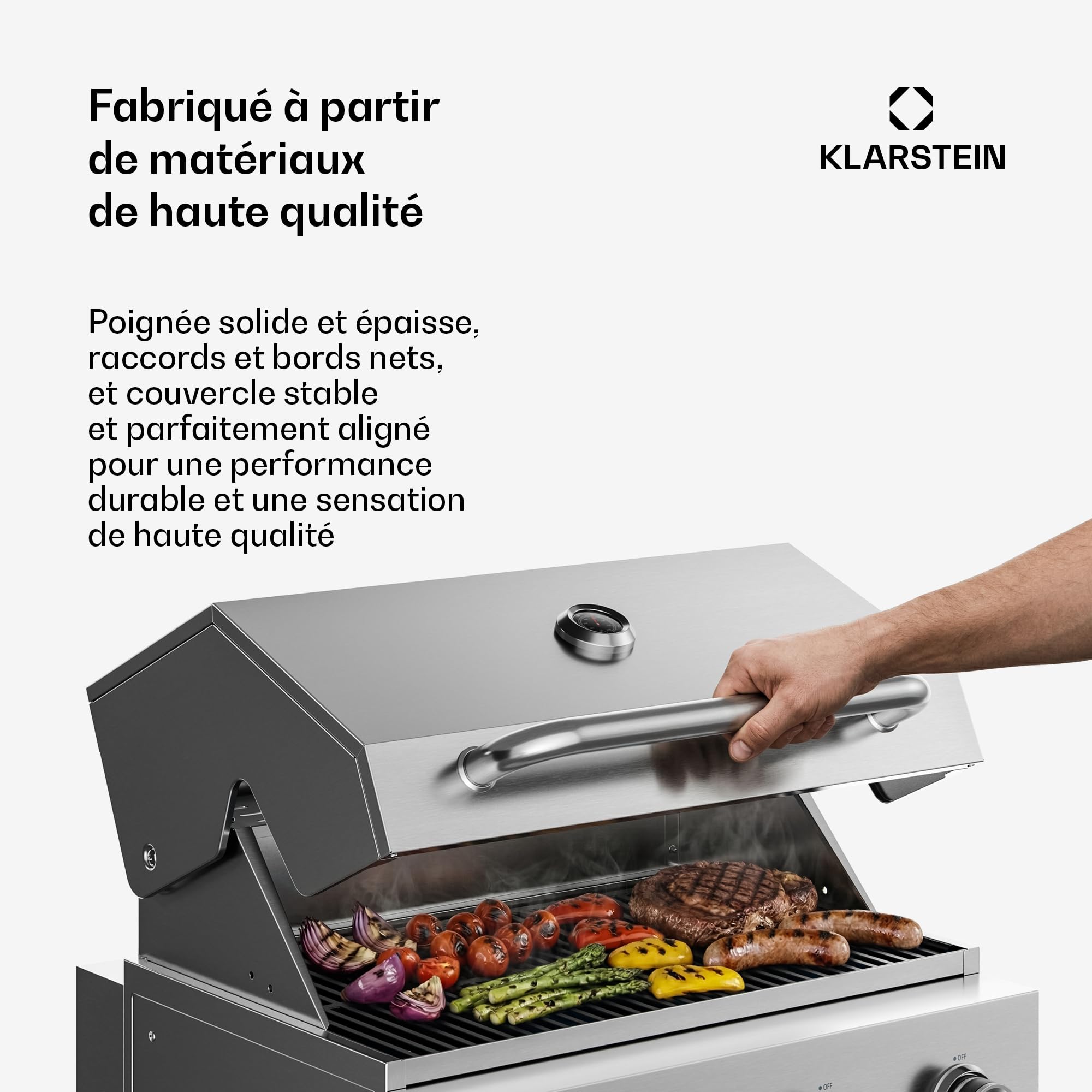 Klarstein WaldChef Barbecue à gaz 30 mbar - Barbecue Gril 4 Brûleurs 12800 W, acier inoxydable, grille en fonte, thermomètre, allumage piézoélectrique