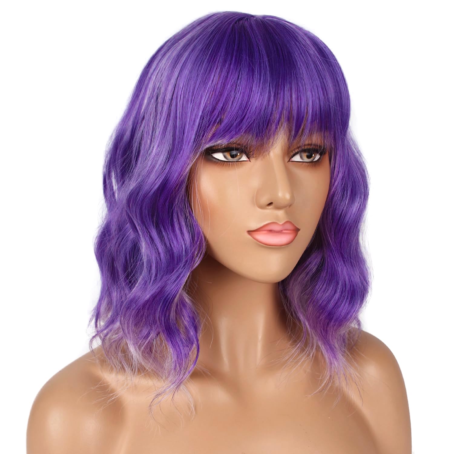 Colorfulpanda Short Bob Dark Purple Wigs for Women Shoulder Length Wavy Curly Wig with Fringe Natural Synthetic Heat Resistant Hair Wig Daily Party wig 14 Inch - Image 2