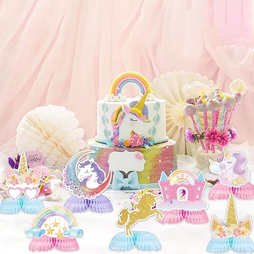 Miniatura 3 de Chilfamy Decoraciones de cumpleaños de unicornio, 9 piezas de centro de mesa de unicornio arcoíris con panal de abeja, decoraciones de mesa para