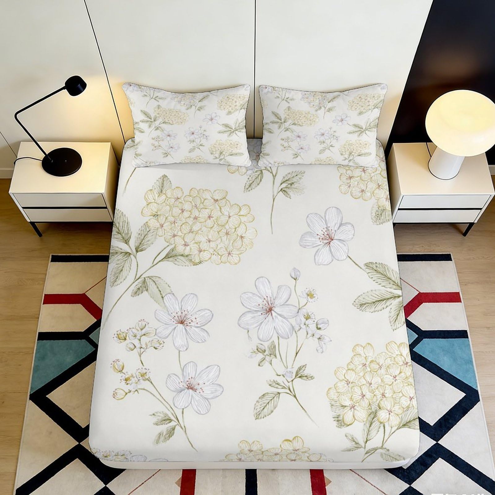 3D Printed Floral Botanical Fitted Sheet Microfiber Soft Breathable Hydrangea Blossom Bed Cover for Bedroom Guest Room Decor 90x200x25cm