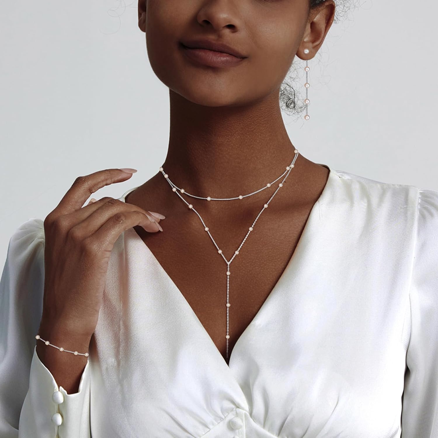 Lariat Gold Necklace for Women, Dainty Long Necklace 14k Gold Plated/Silver Y-Shaped Layered Beaded Chain Drop Necklaces for Women Trendy Simple Gold Jewelry for Women Gifts - Image 2