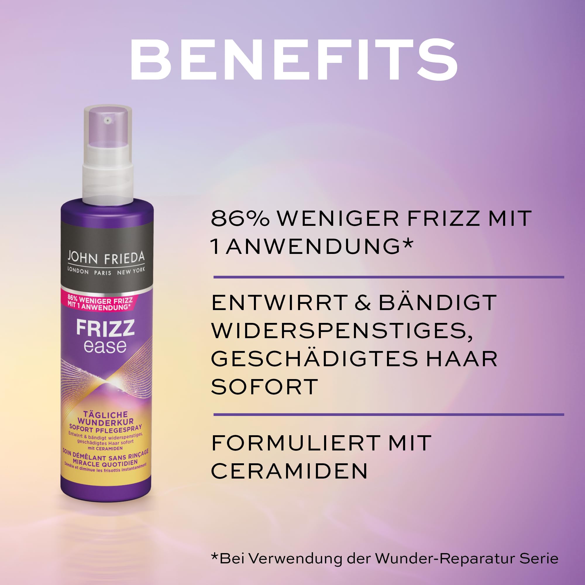 John Frieda Frizz Ease Wunder 4-częściowy zestaw naprawczy – szampon, odżywka, spray do pielęgnacji i maska na oczy MegRhythm – program dobrego samopoczucia do domu
