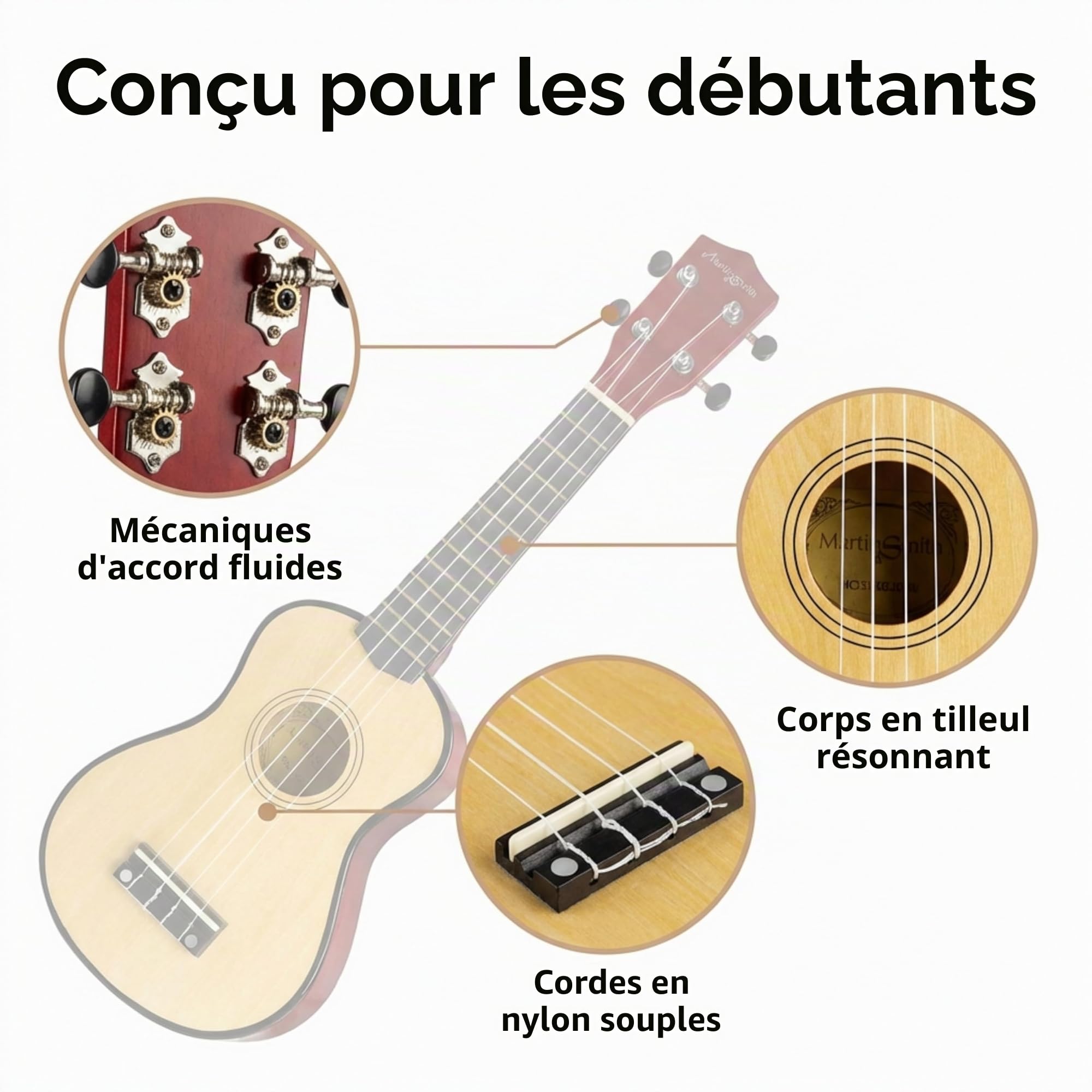 Martin Smith Ukulélé Soprano 21 Pouces, Set Débutant Acoustique 4 Cordes pour Enfants et Adultes avec Housse et Livre d’Accords, Naturel
