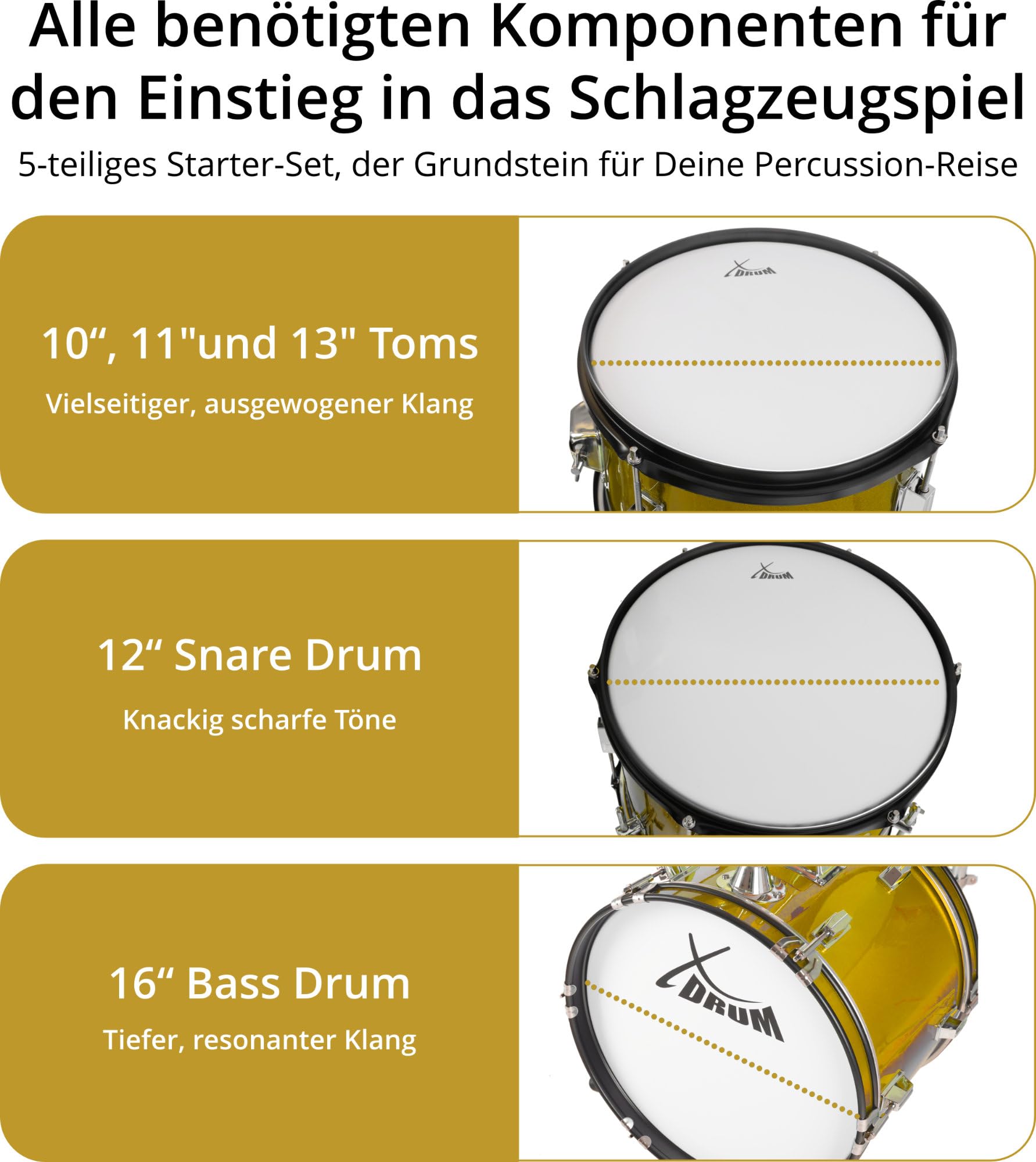 XDrum Junior Pro Kinder Schlagzeug Sunset Gold Sparkle - geeignet von 5-9 Jahren - Drumset mit komplettem Zubehör - inkl. Schule - Orange